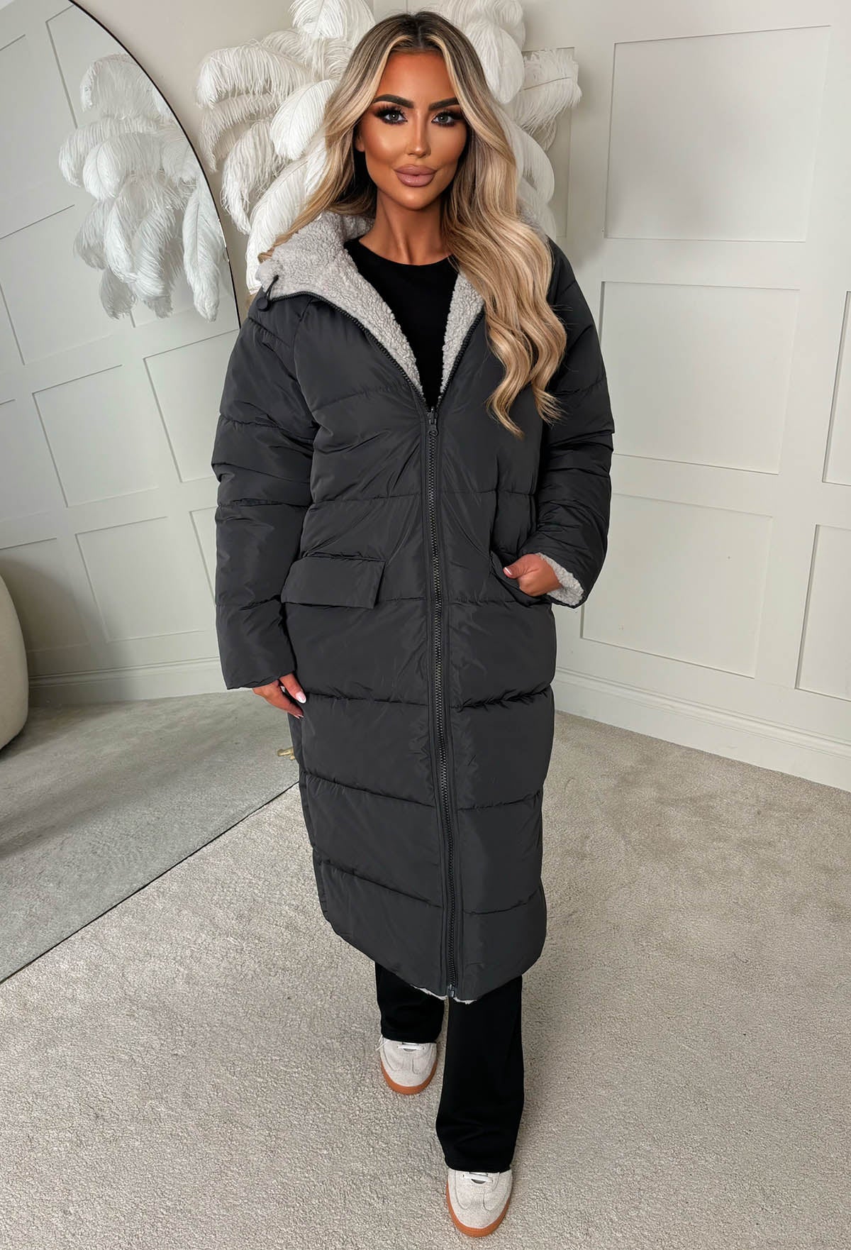 Double Trouble Grey Reversible Borg Padded Puffer Coat