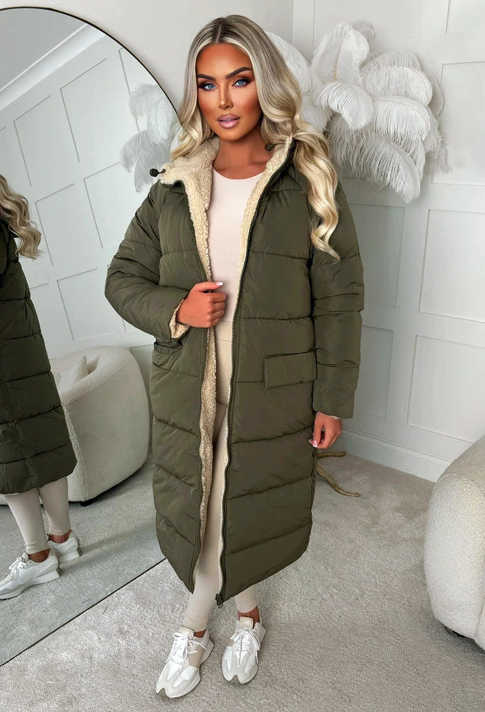 Double Trouble Khaki Reversible Borg Padded Puffer Coat