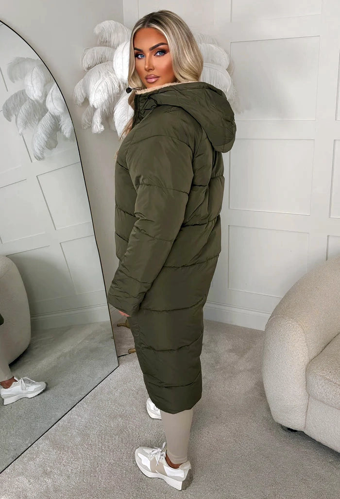 Double Trouble Khaki Reversible Borg Padded Puffer Coat
