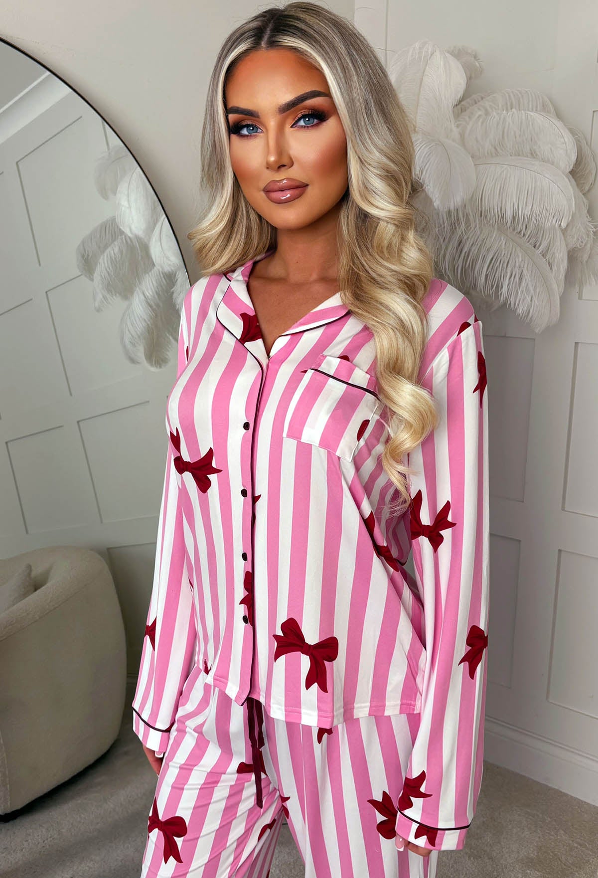 Drama Queen Dreams Pink Striped Bow Print Long Sleeve Button Down Pyjama Set