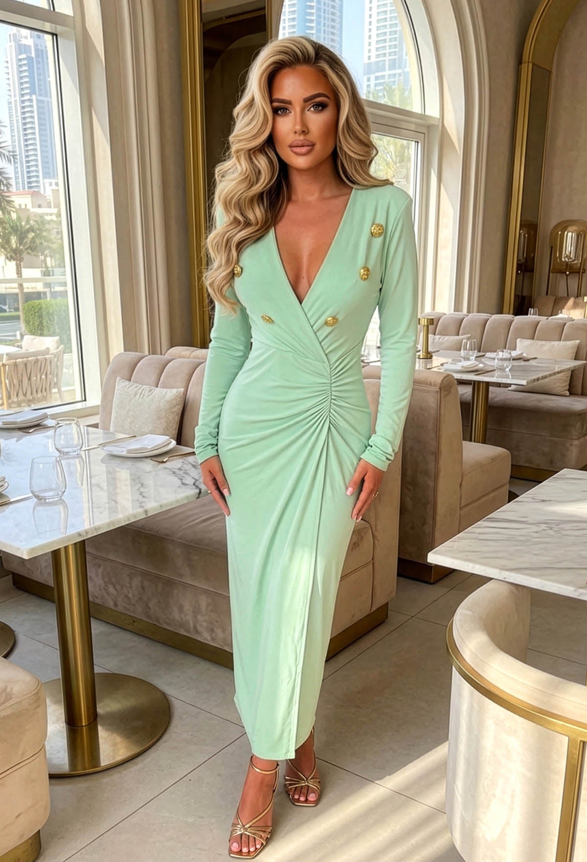 Effortless Grace Green Button Front Ruched Midi Dress