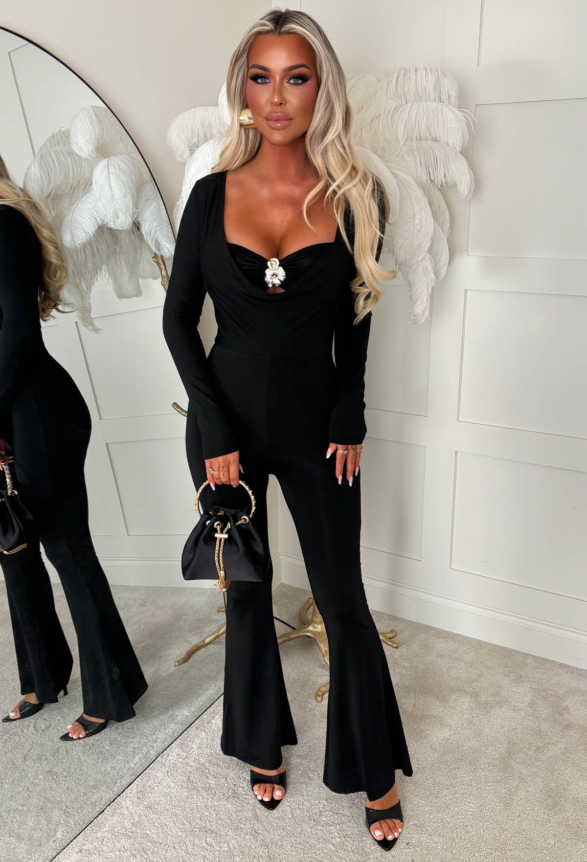Effortless Seduction Black Bandeau Cowl Long Sleeve Jumpsuit