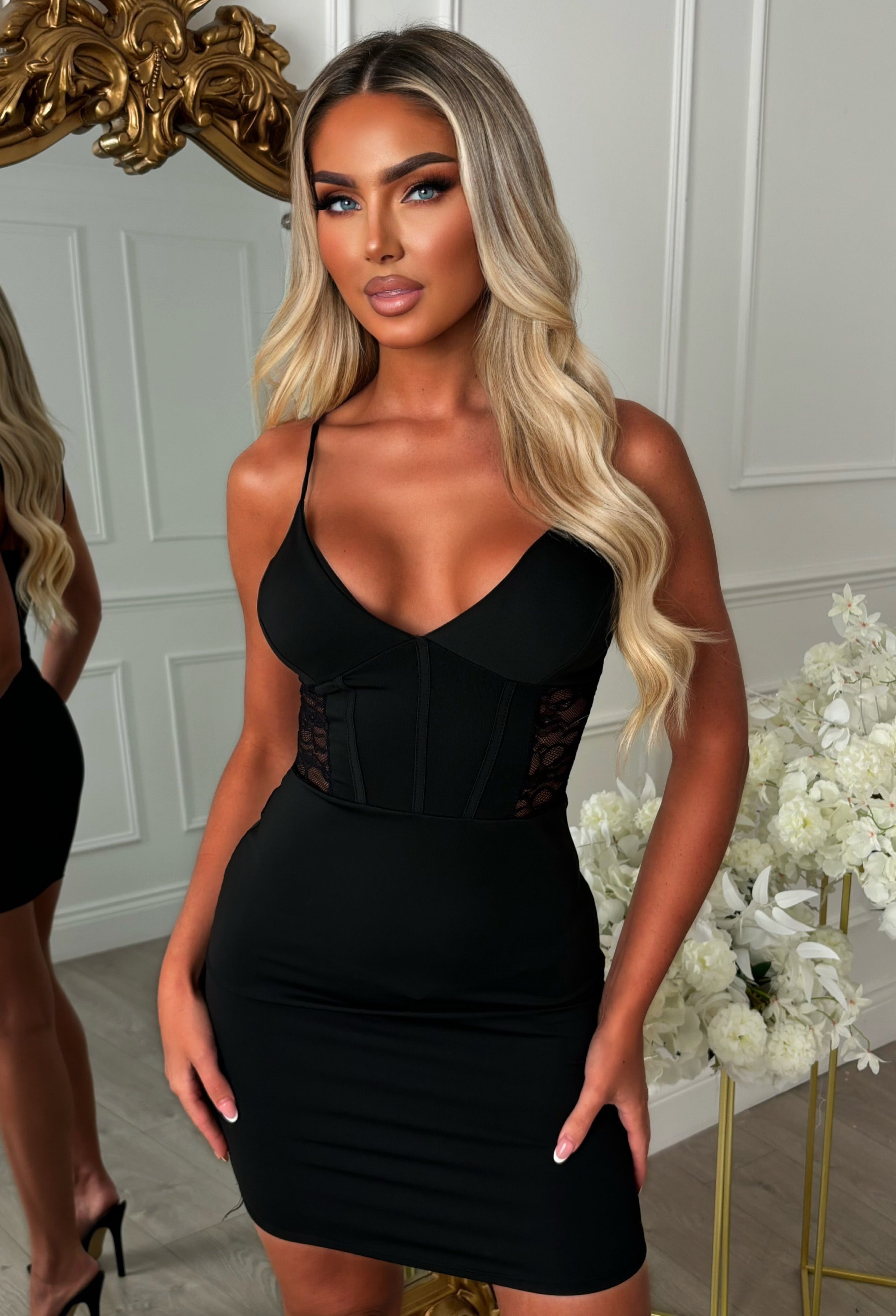 Elegant Eclipse Black Sheer Lace Insert Mini Dress