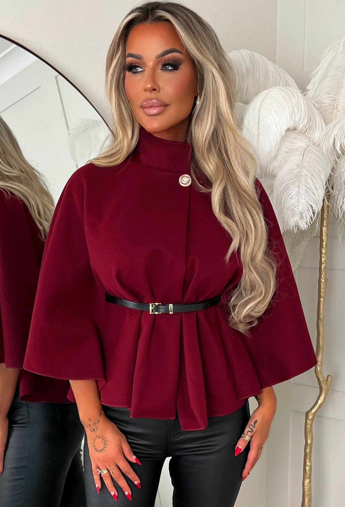 Elegant Escape Burgundy Belted Cape