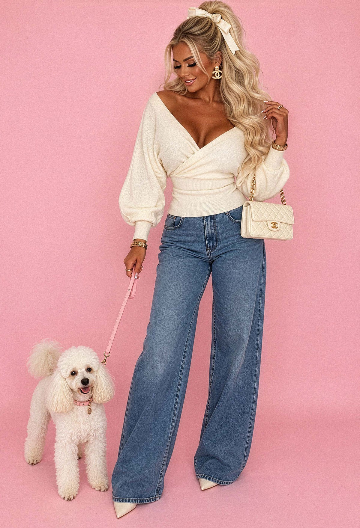Cream wrap over V neck jumper with long batwing sleeves and a fitted ribbed waist.