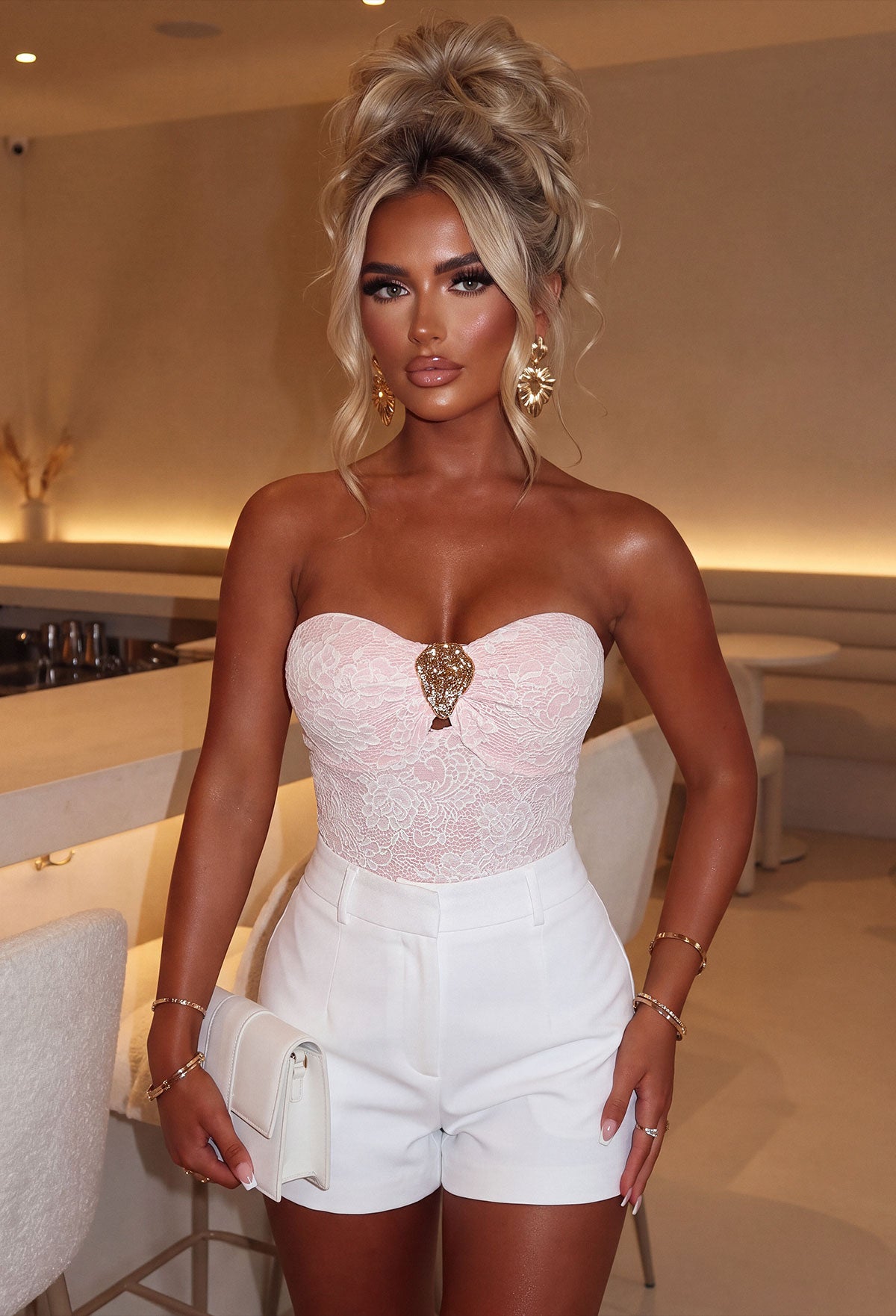 White Lace Bandeau Bodysuit Close Up Back with Jeans