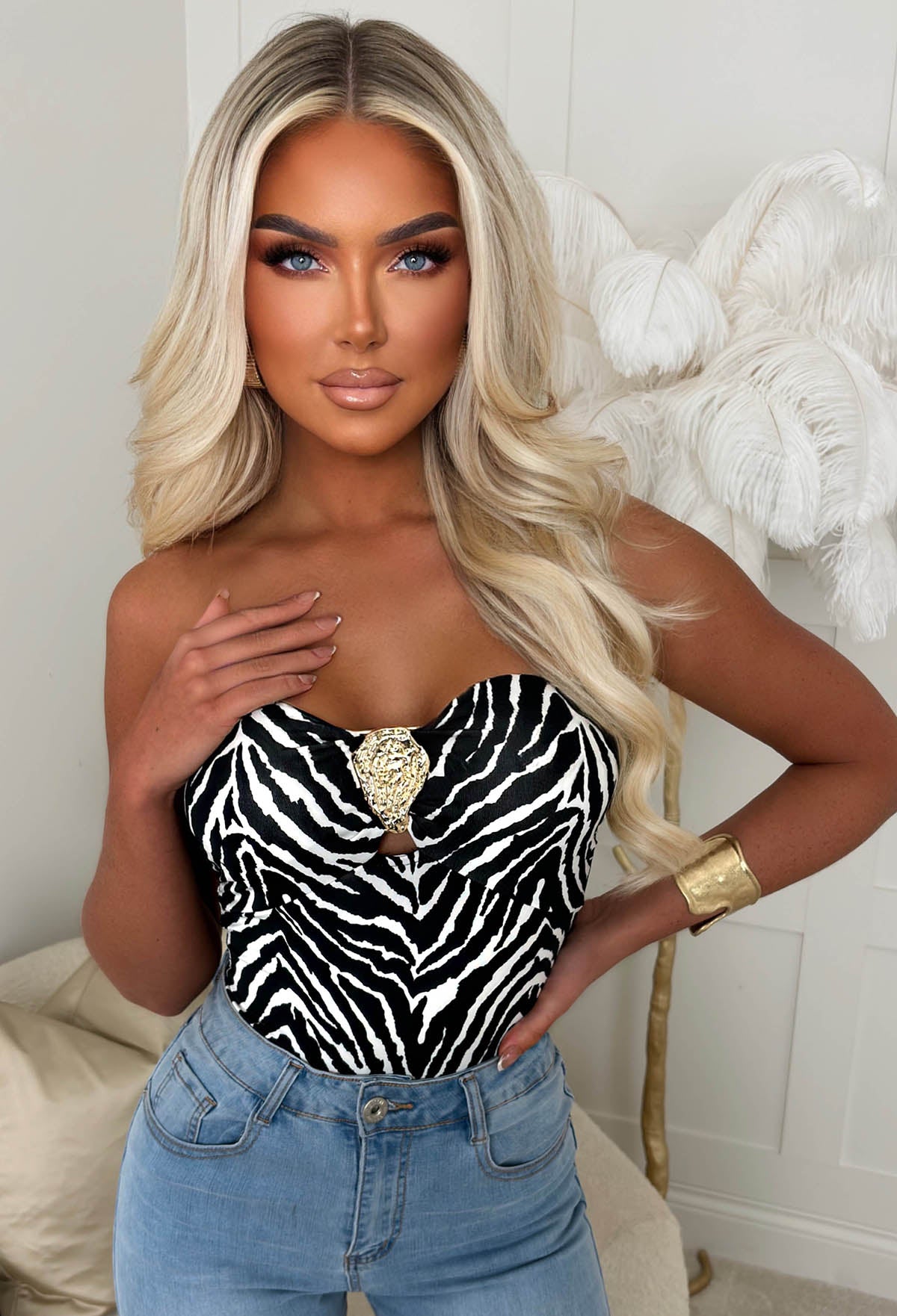 Enchant Me Black Zebra Gold Detail Bandeau Stretch Bodysuit