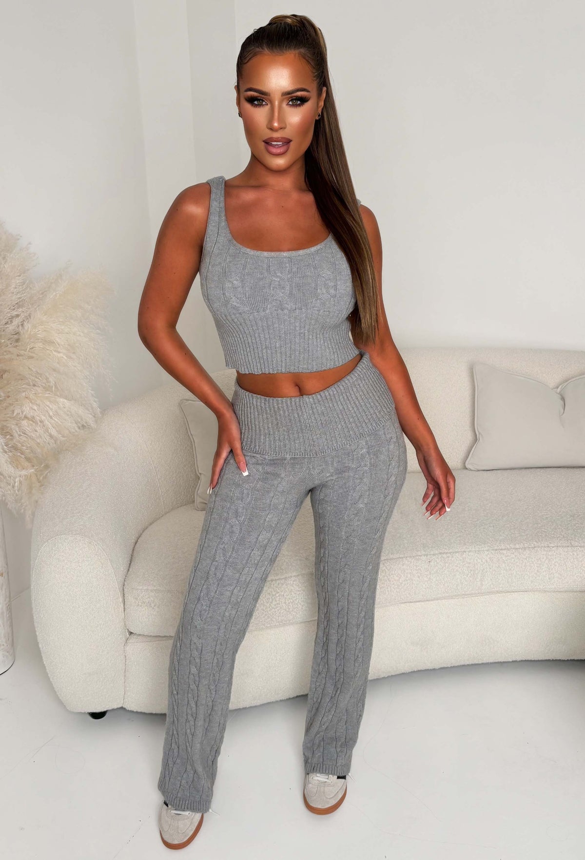 Grey marl cable knitted lounge trousers with a relaxed fit, ribbed waistband and full-length straight legs.