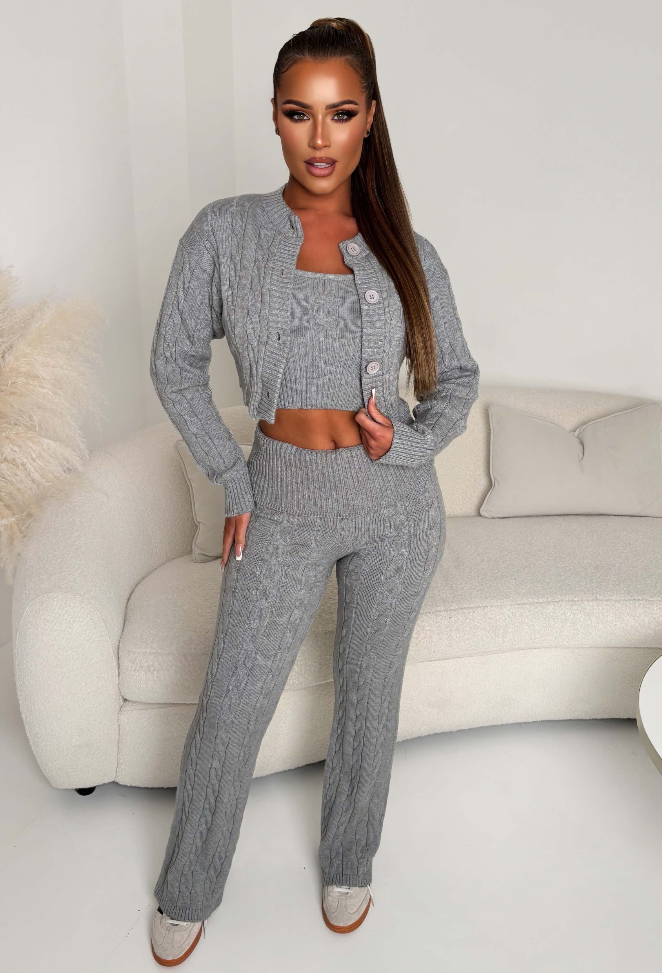 Enchanting Ease Grey Marl Cable Knitted Lounge Trousers