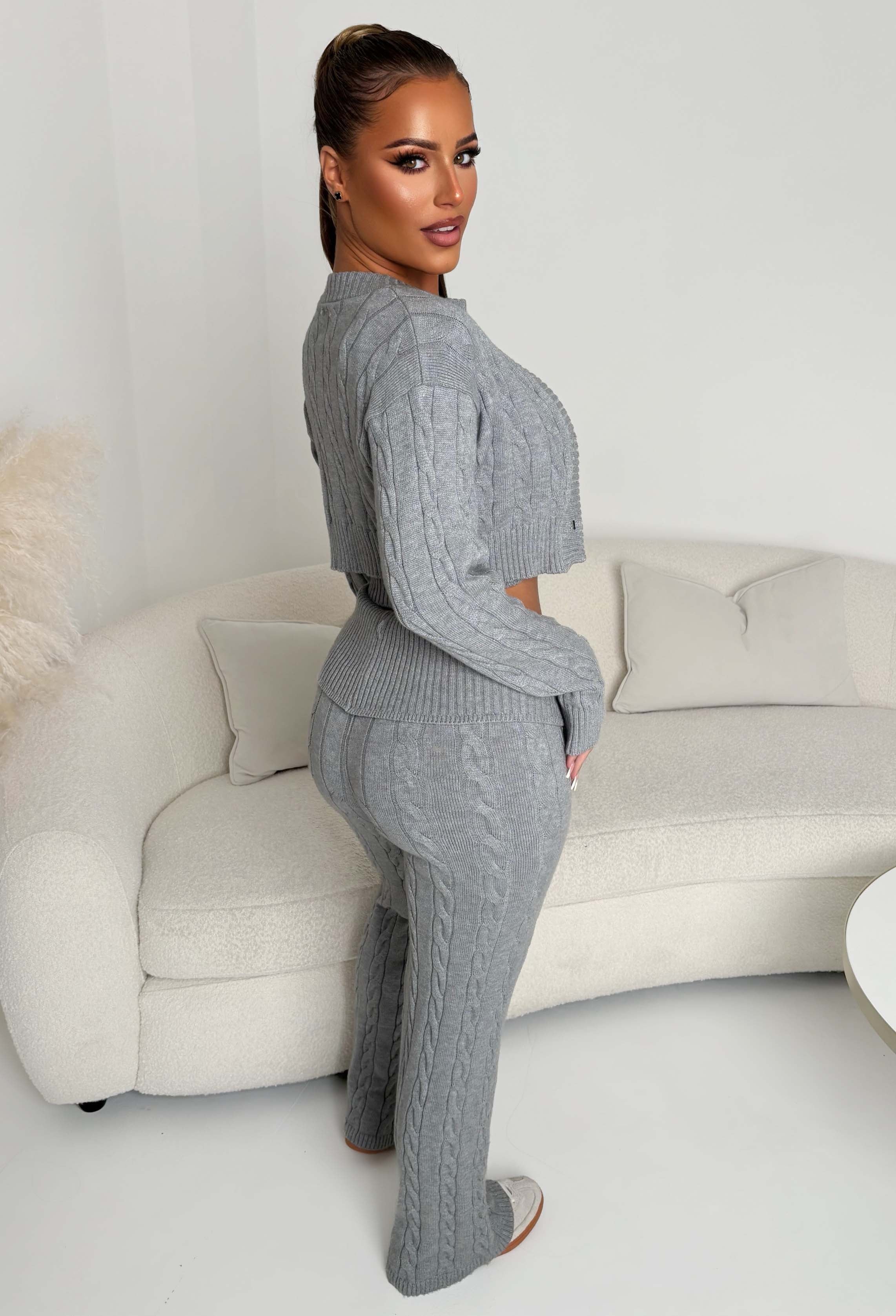 Enchanting Ease Grey Marl Cable Knitted Lounge Trouser | Pink Boutique