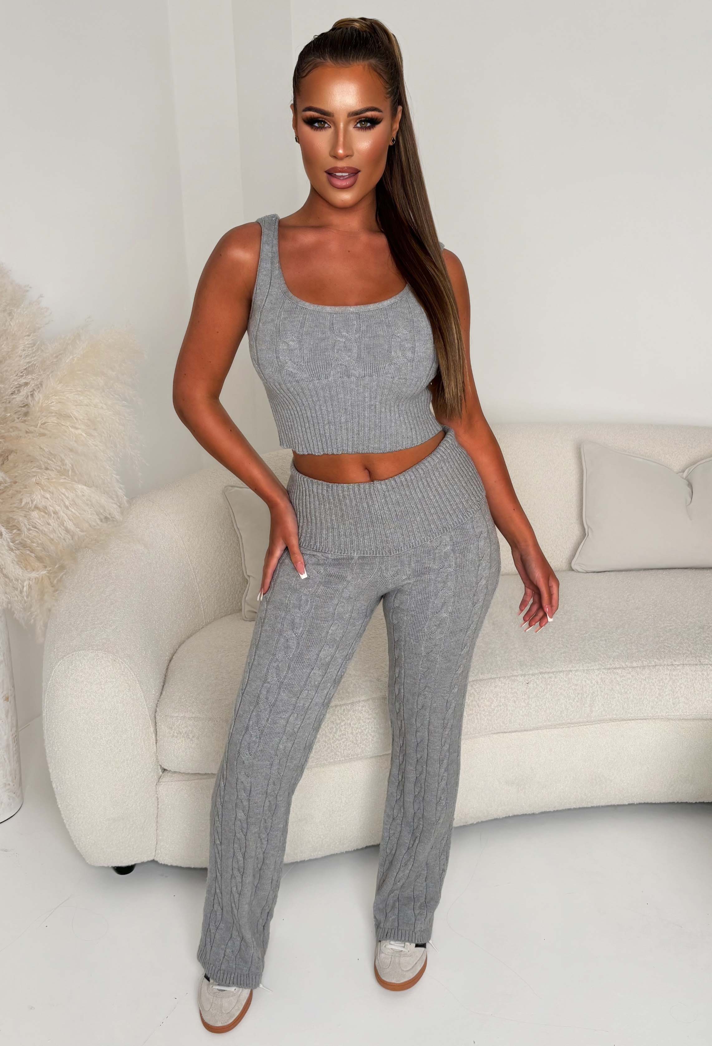 Enchanting Elegance Grey Marl Cable Knitted Lounge Top
