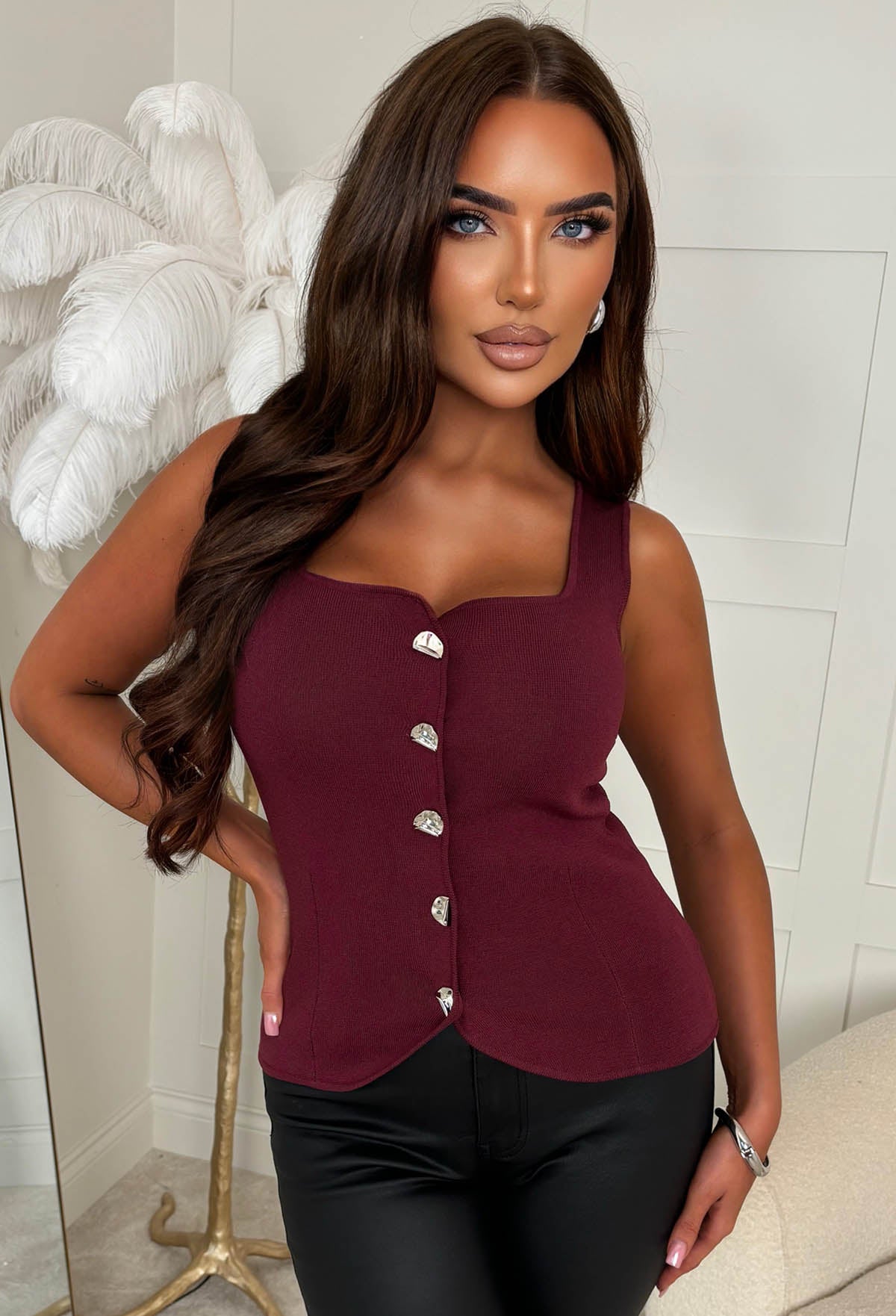 Endless Affection Burgundy Knitted Metal Button Top