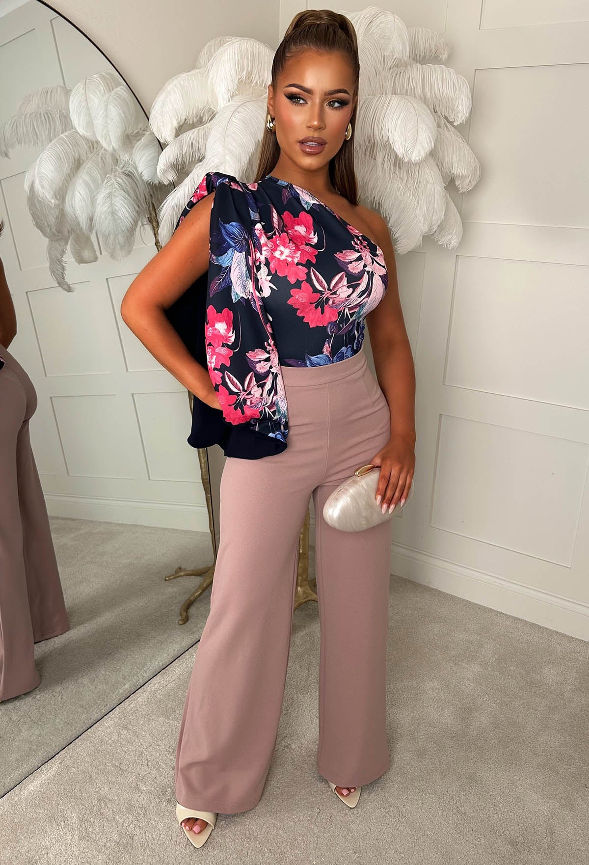 Epitome Of Etiquette Navy Floral Bow Draped Bodysuit