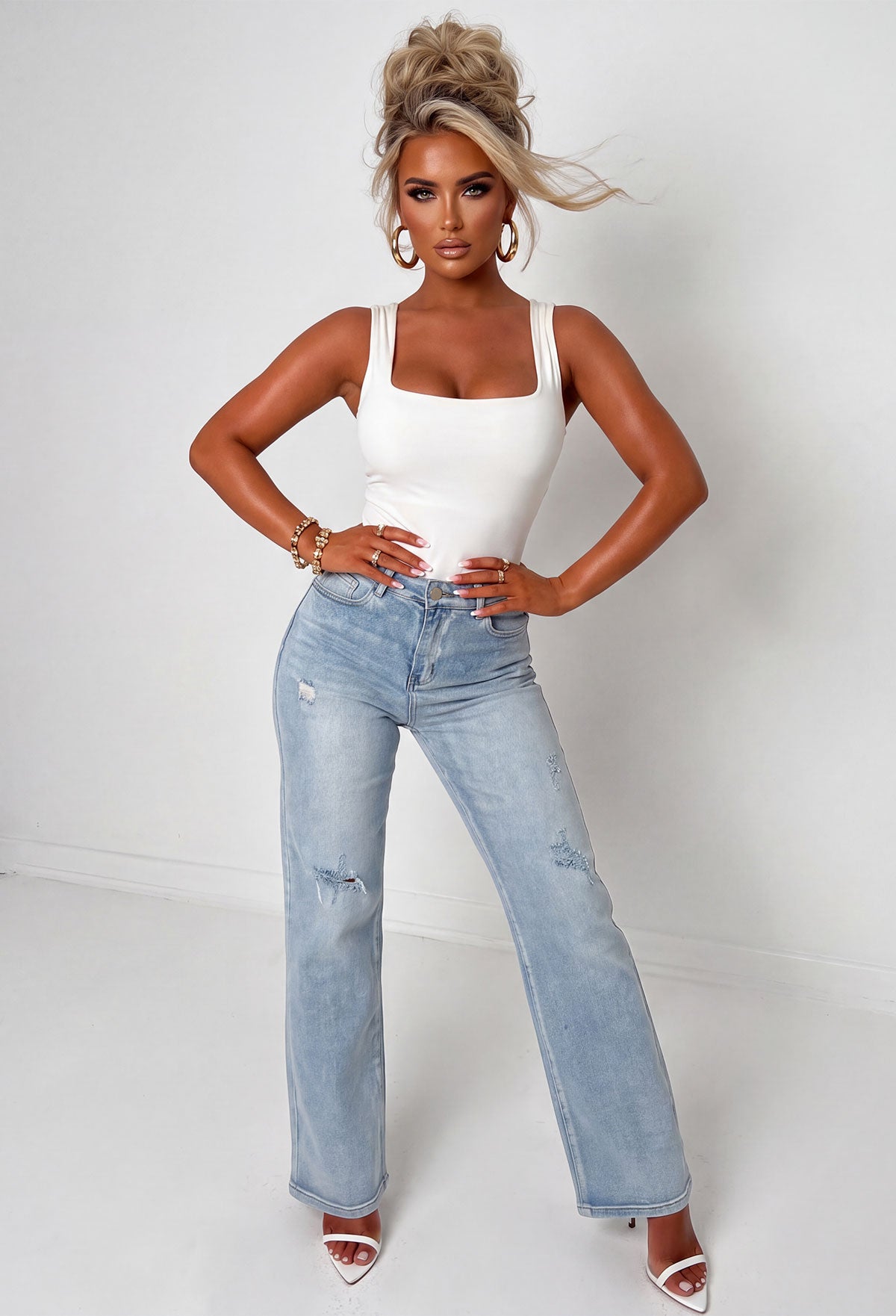 Escape In Denim Light Blue Stretch Distressed Straight Leg Jeans