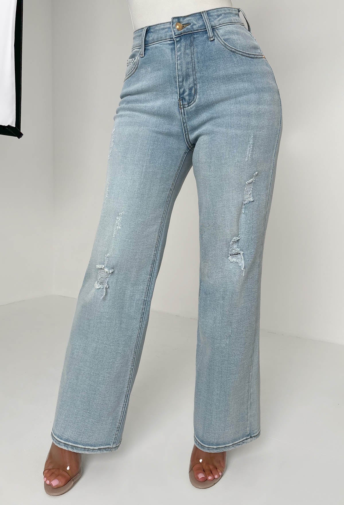 Escape In Denim Light Blue Stretch Distressed Straight Leg Jeans