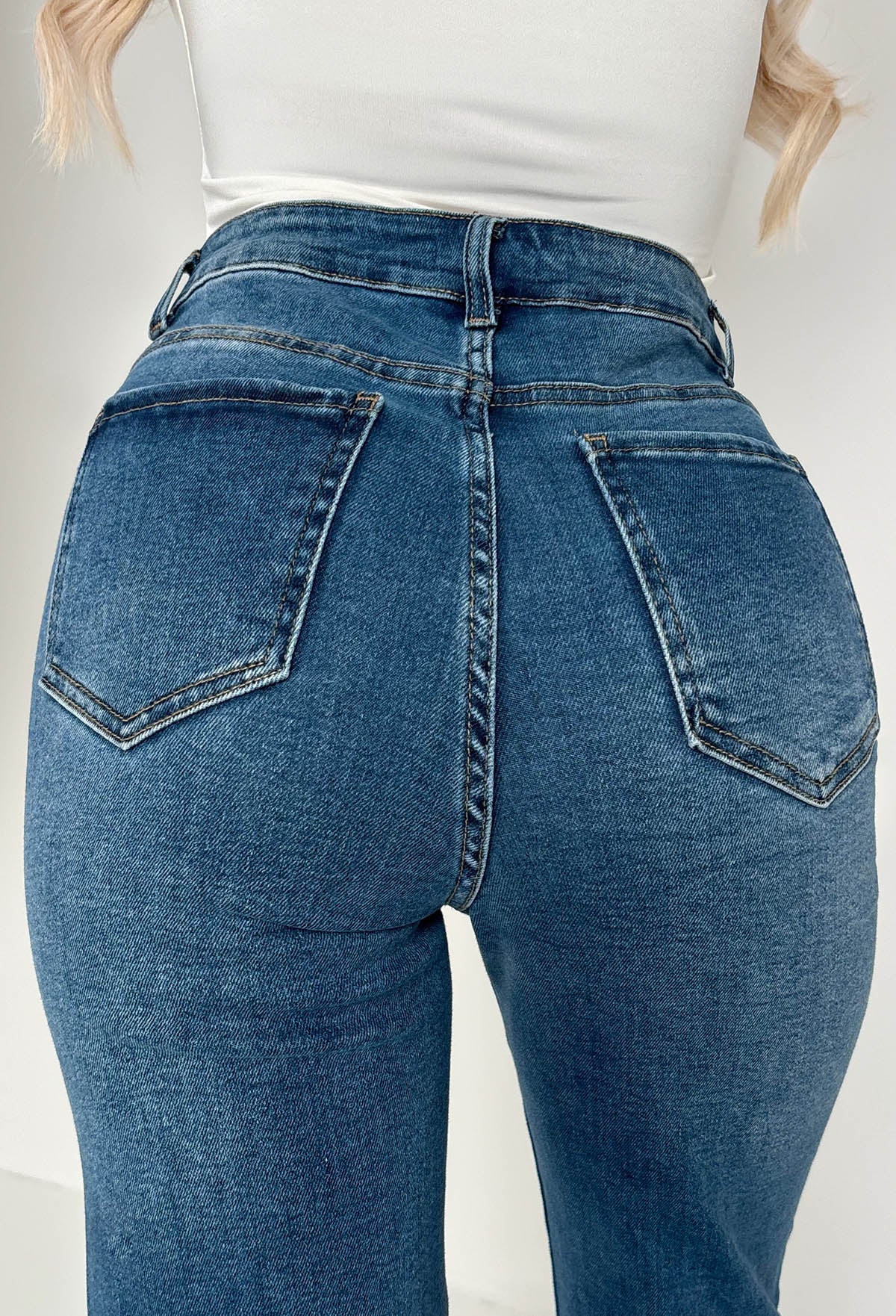 Escape In Denim Mid Blue Stretch Distressed Straight Leg Jeans
