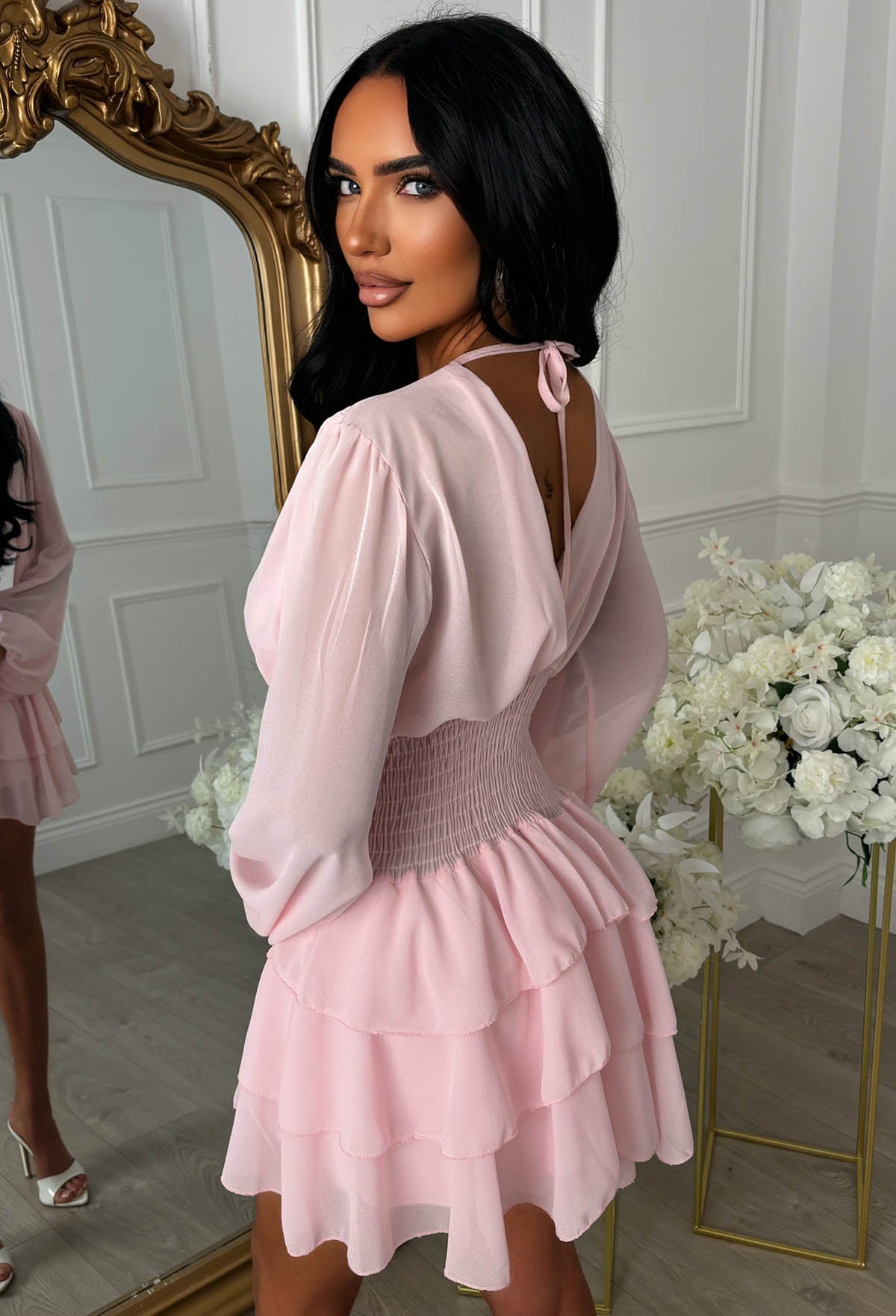 Eternal Grace Pink Long Sleeve Ruffle Mini Dress