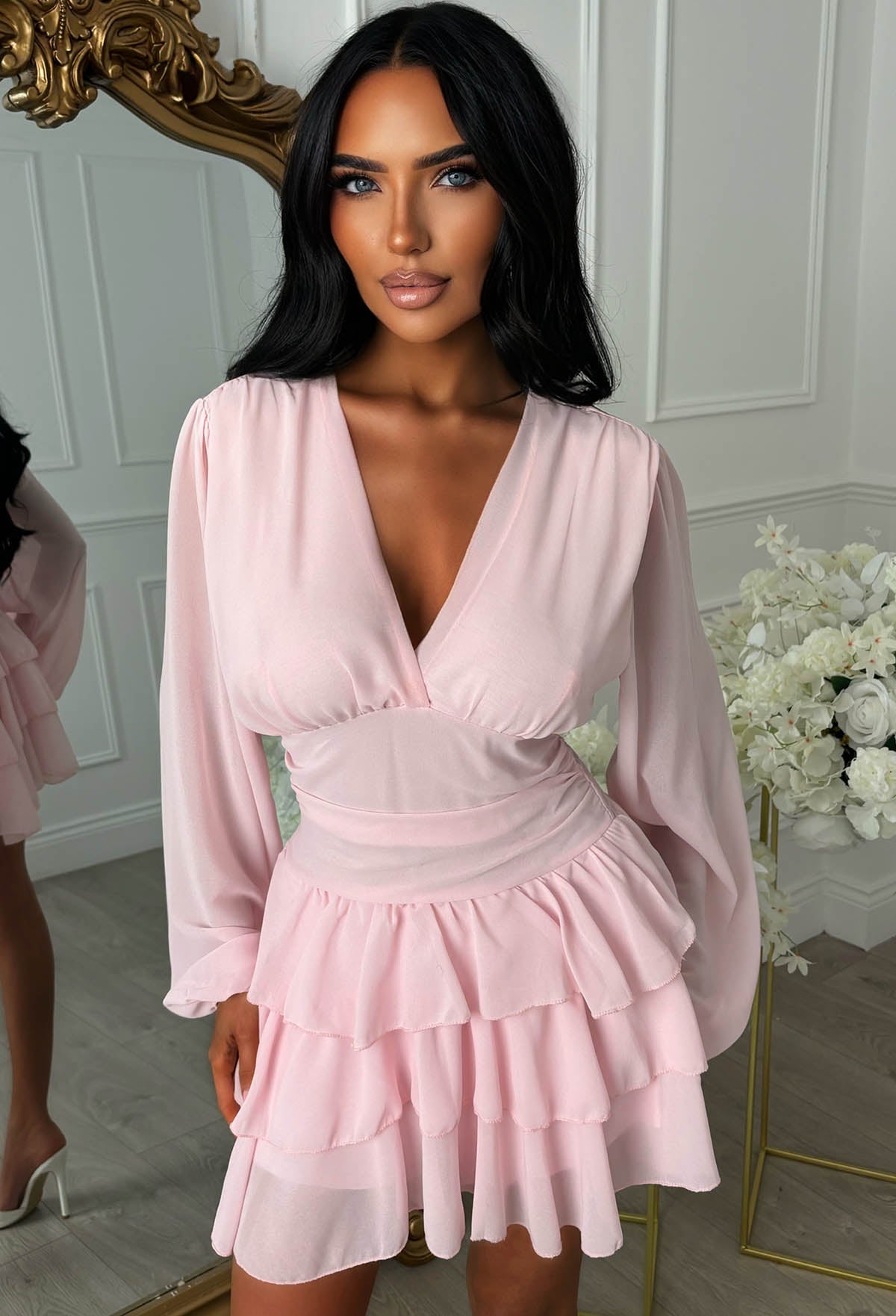 Eternal Grace Pink Long Sleeve Ruffle Mini Dress