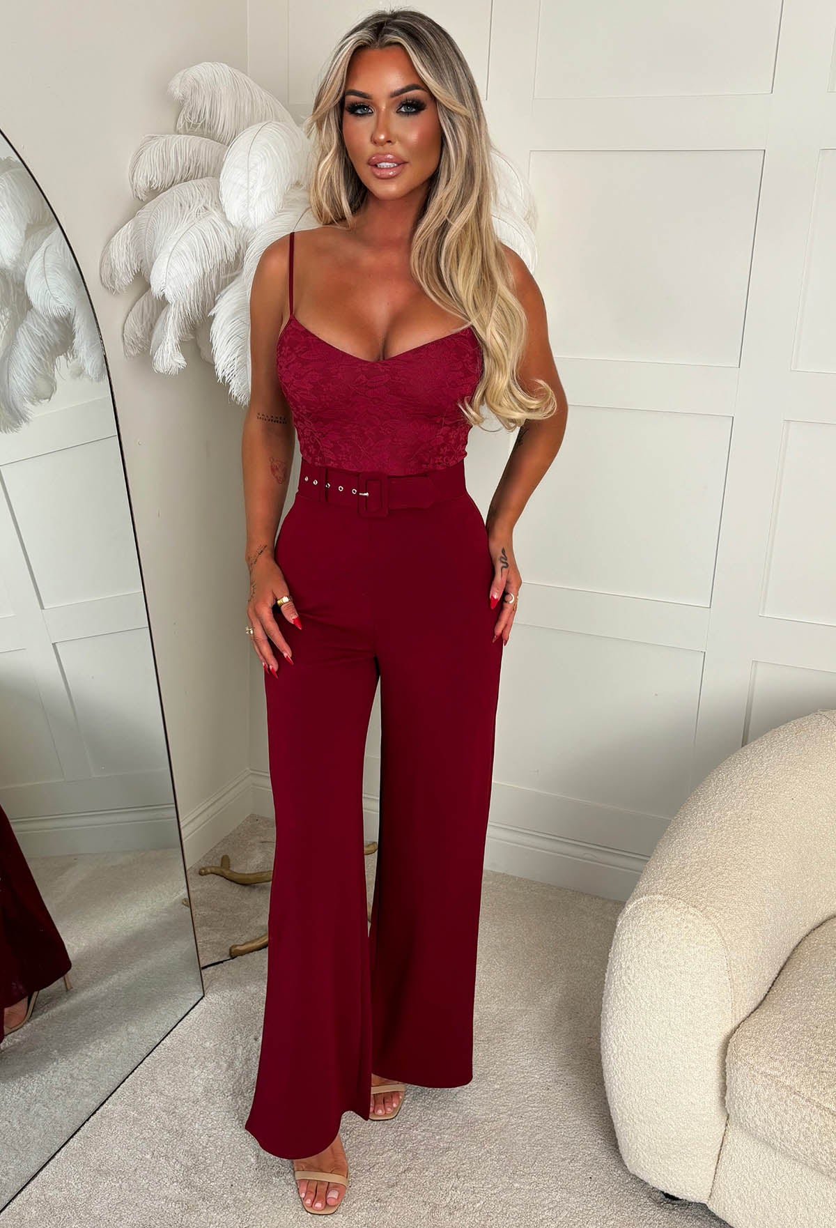 Evening Radiance Burgundy Lace Top Crepe Jumpsuit