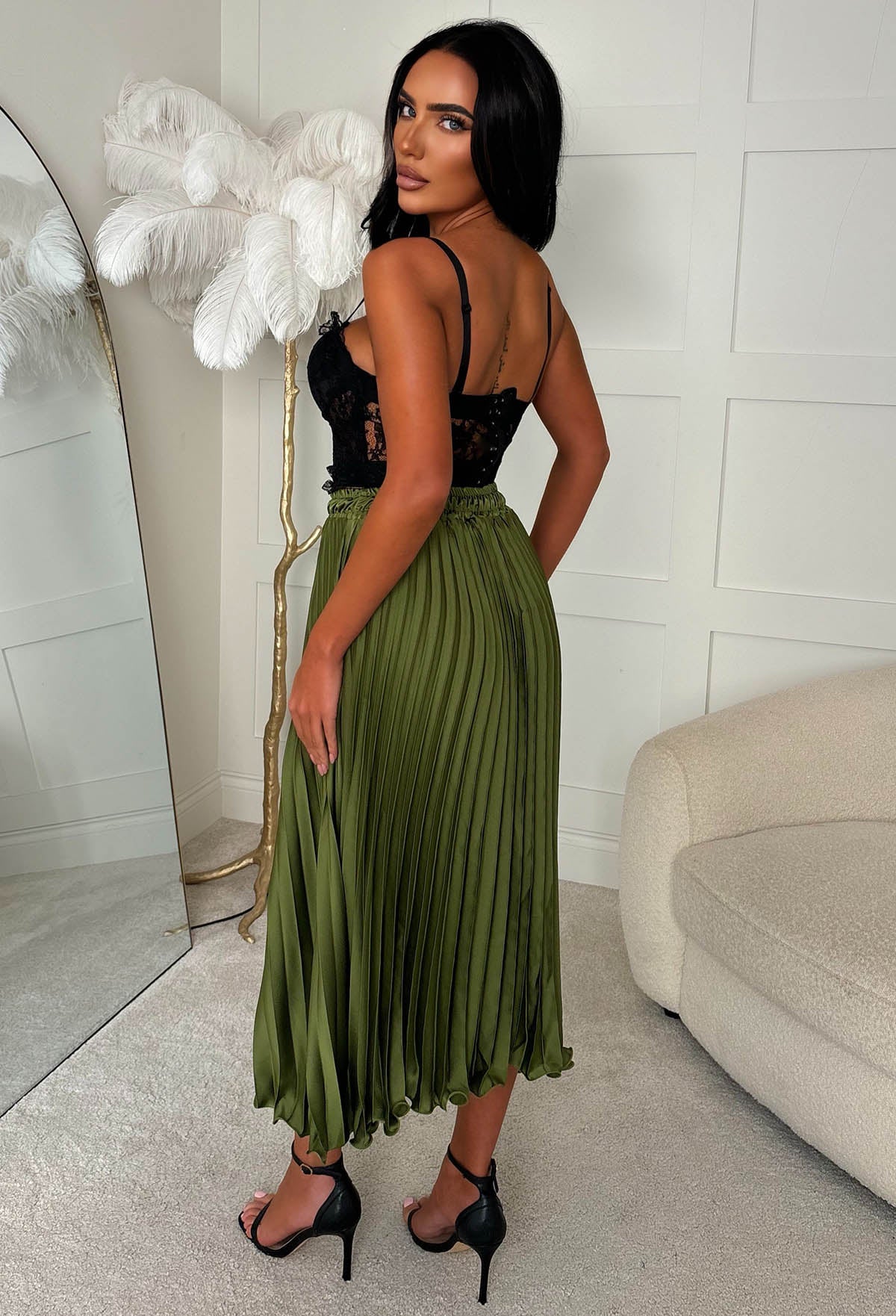 Everyday Goddess Khaki Satin Stretch Pleated Skirt