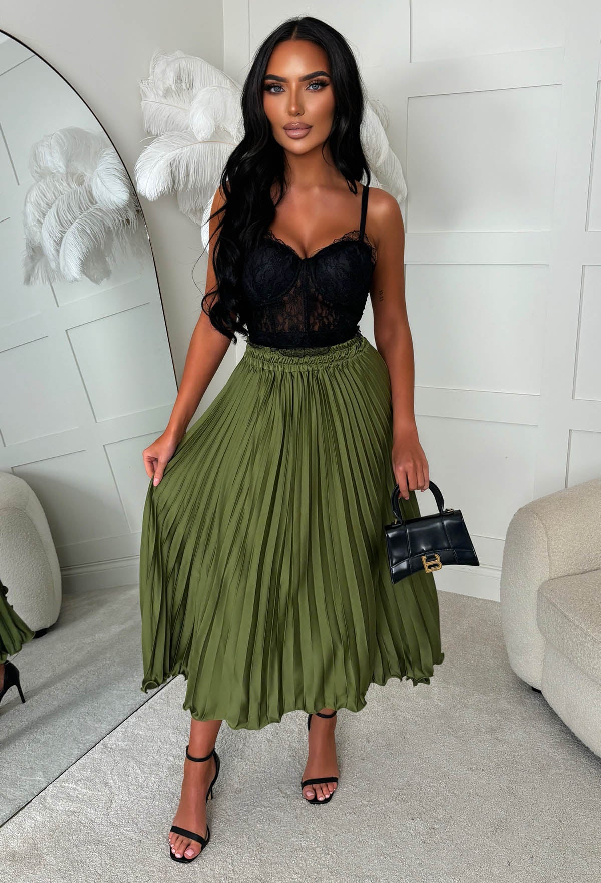 Everyday Goddess Khaki Satin Stretch Pleated Skirt