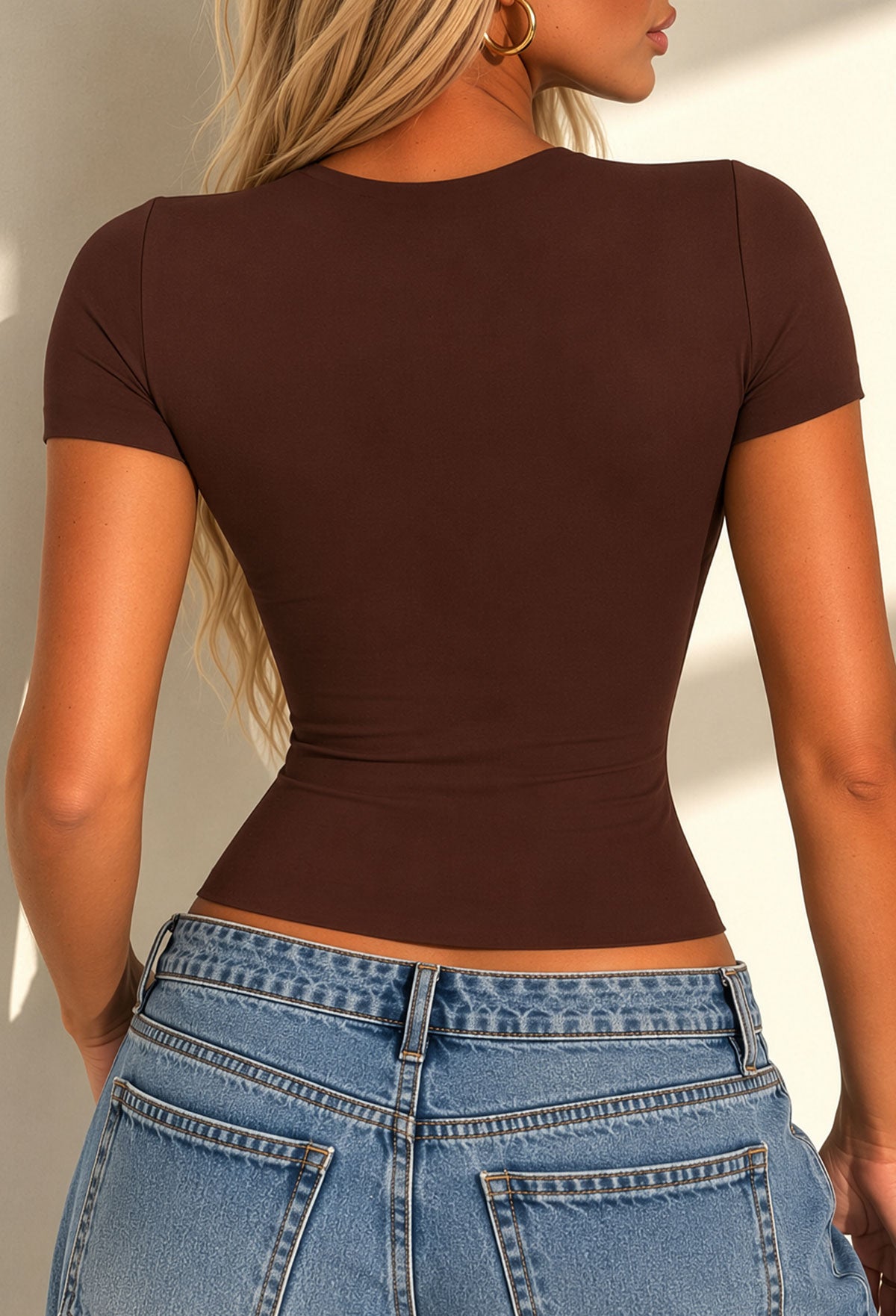 exclusive-essential-chocolate-brown-double-layered-crew-neck-short-sleeve-top-2