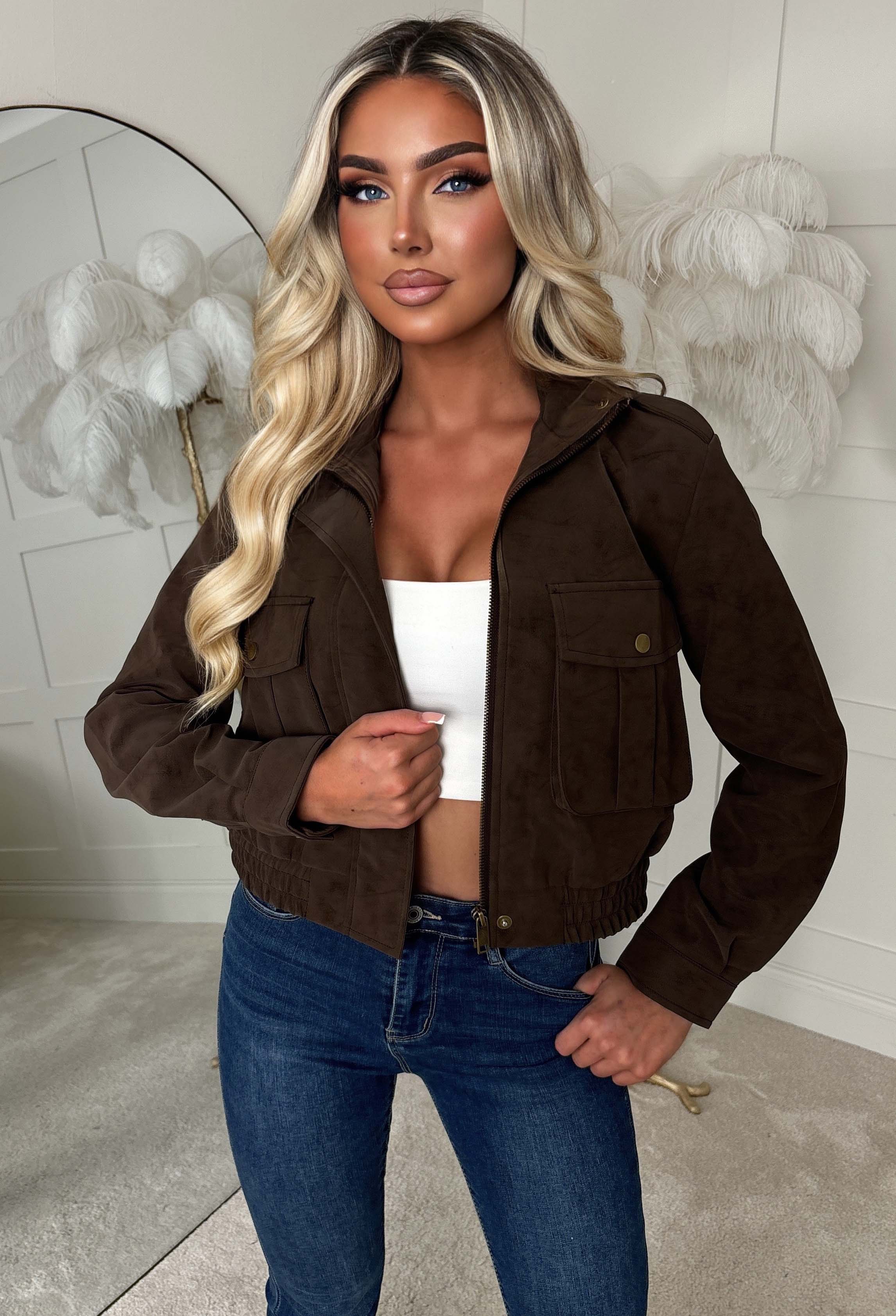 Chocolate brown faux leather bomber jacket with front zip, flap pockets and a cropped fit.