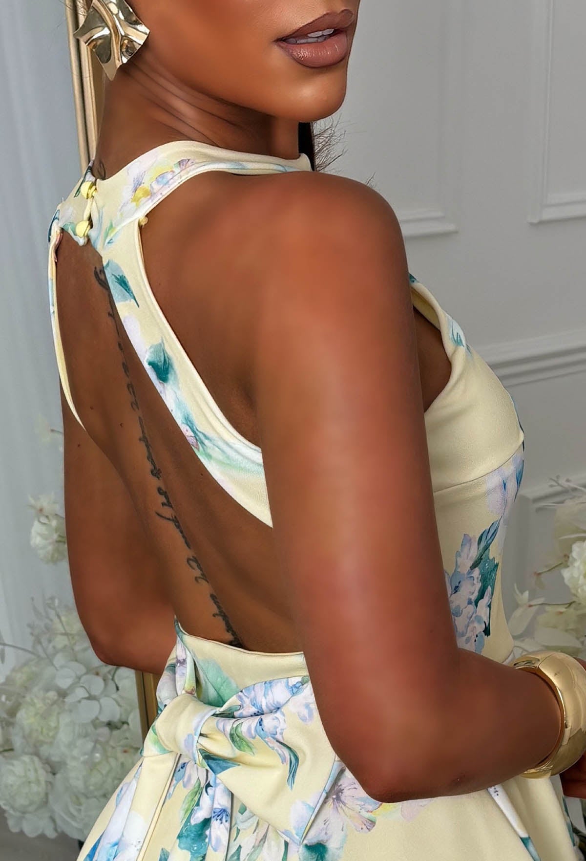 Fancy & Fun Yellow Bow Back Halter Dress | Pink Boutique