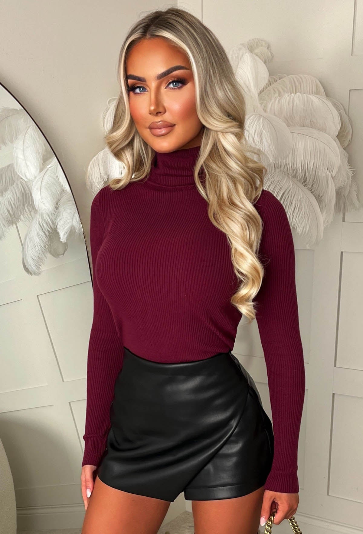 Feels Like Forever Wine Ultra Soft Rib Knit Roll Neck Jumper