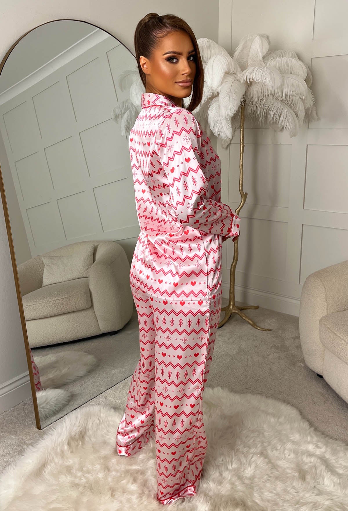 Festive Chic Light Pink Fairisle Print Long Sleeve Pyjama Set