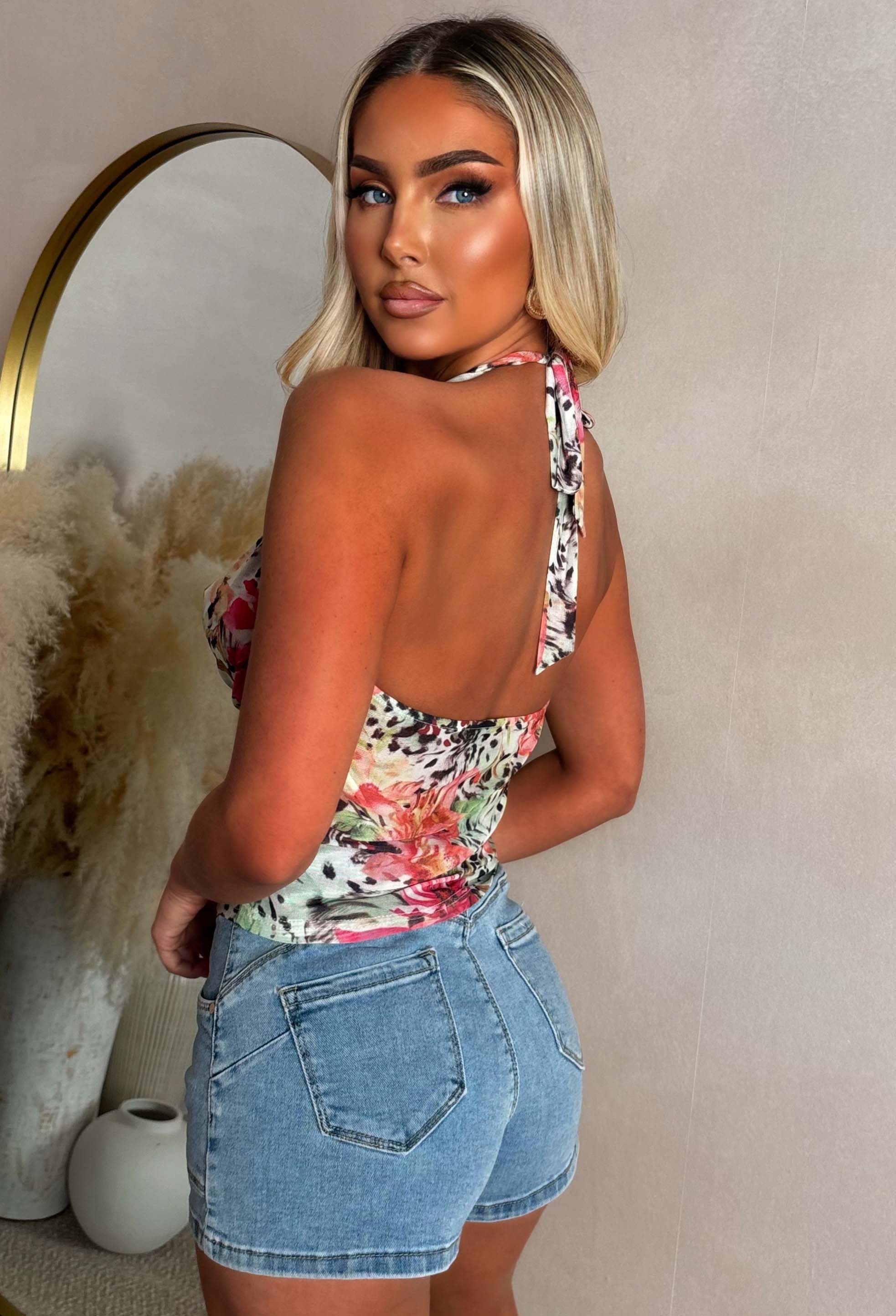 Fierce Floral Multi Animal Print Halter Neck Top