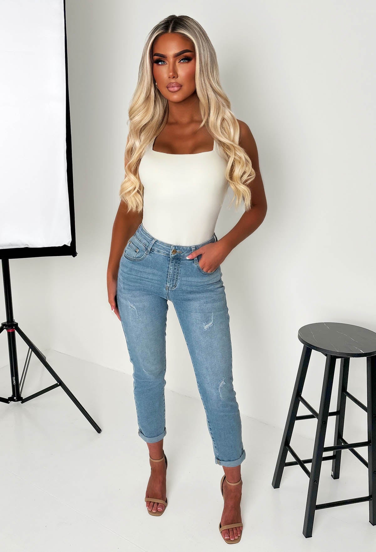 Fierce Forever Mid Stretch Distressed Turn Up Mom Jeans