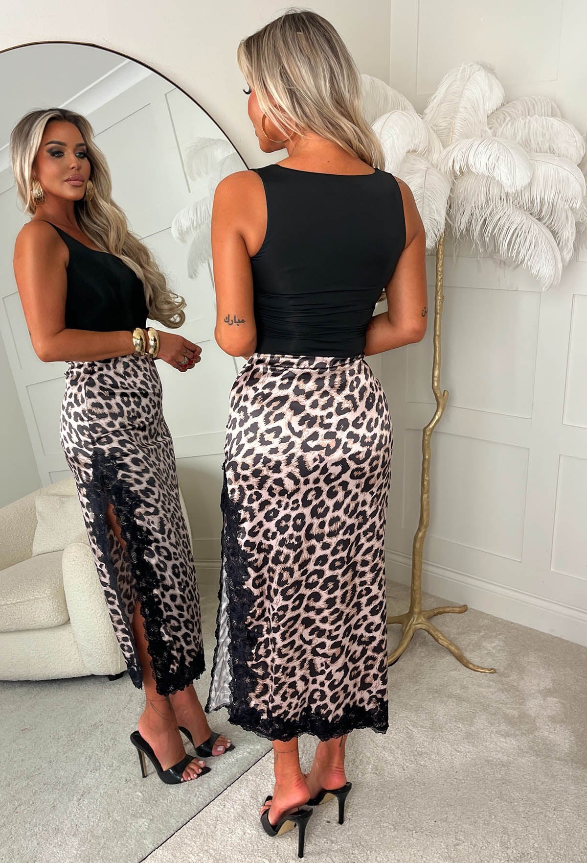 Fiercely Adored Leopard Printed Satin Lace Trim Side Slit Midi Skirt