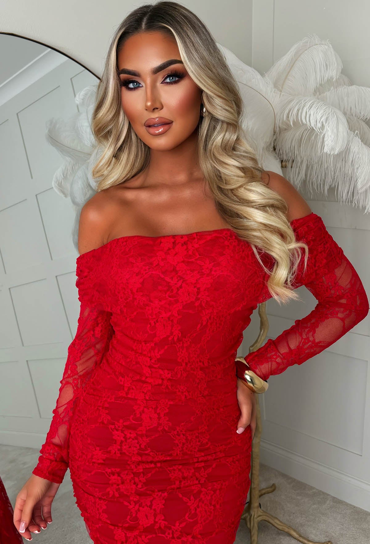 Fiery Allure Red Lace Mesh Bardot Mini Maxi Dress