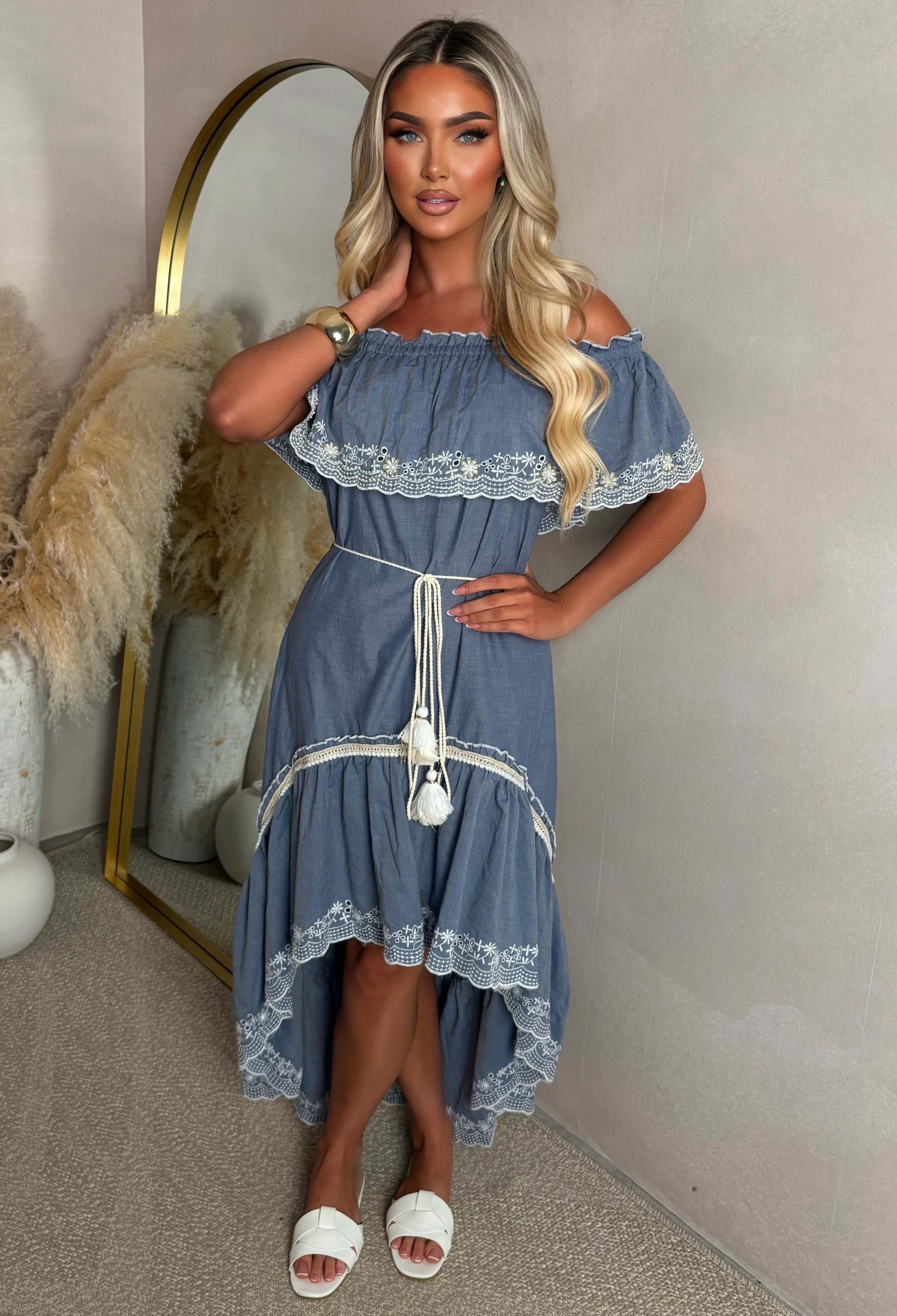 Flirt And Frill Blue Bardot Boho Lace Trim Chambray Dress | Pink Boutique Flirt And Frill Blue Bardot Boho Lace Trim Chambray Dress | Pink Boutique
