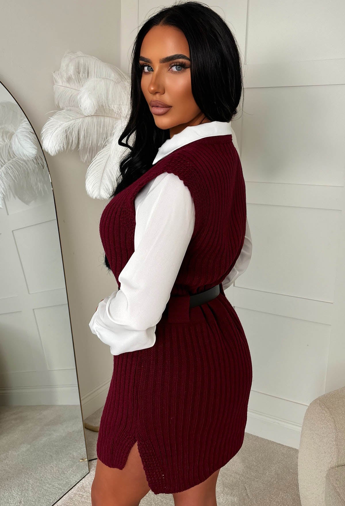 Flirt Fever Wine 2 In 1 Belted Shirt Knitted Dress