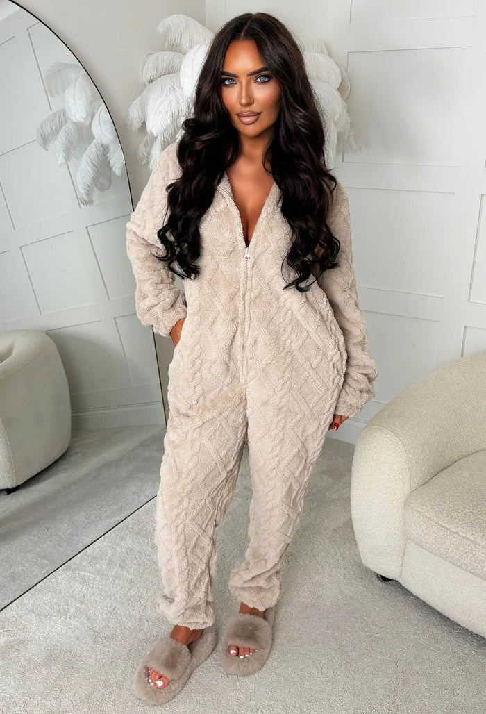 Flirt In Fleece Taupe Cable Knit Detail Onesie