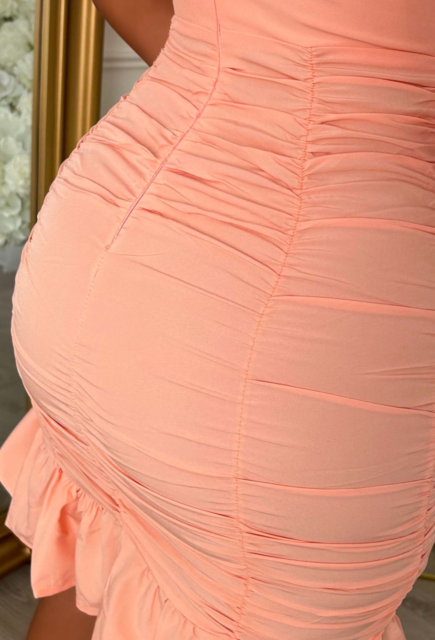 Flirty Flutter Coral Ruched Cut Out Mini Dress