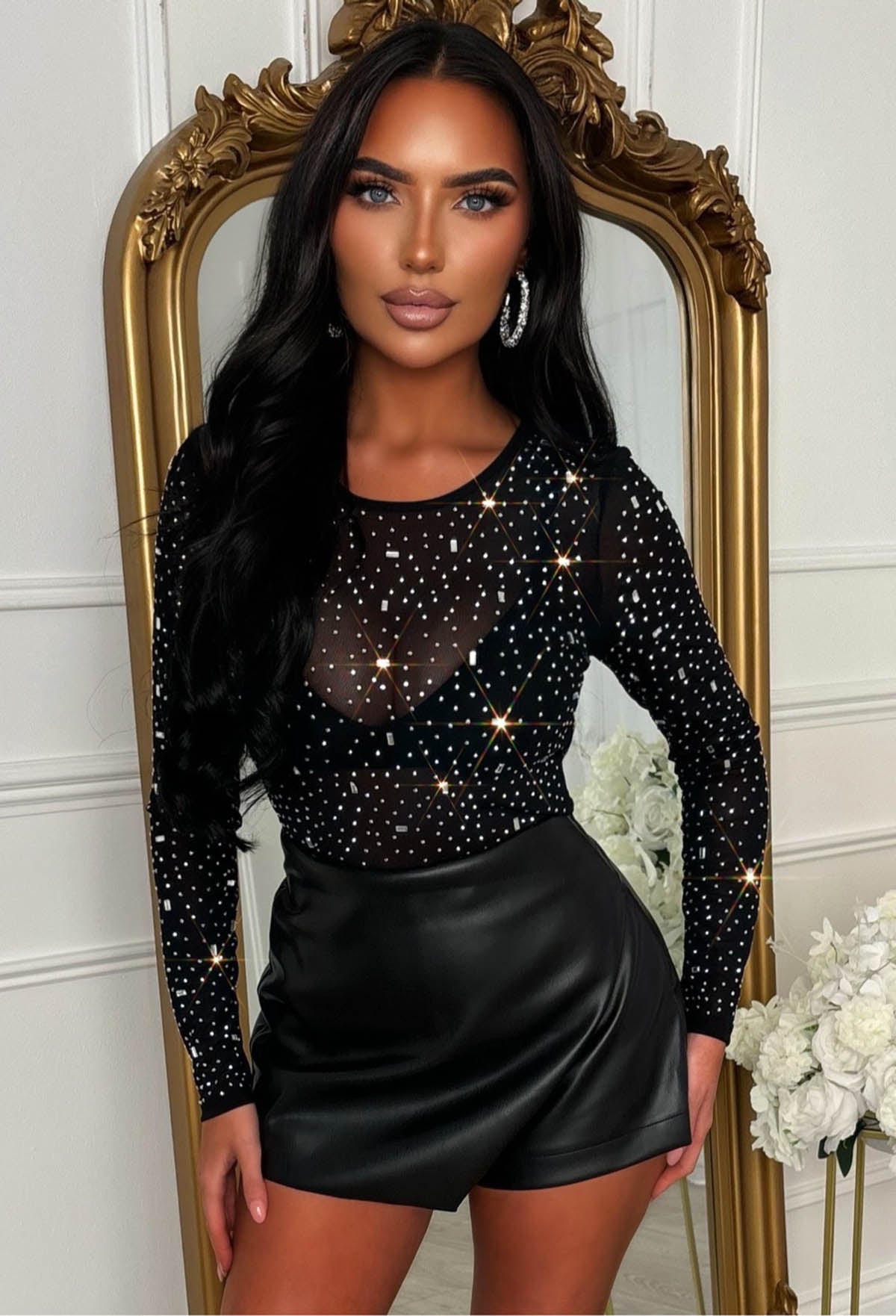 For The Glitz Black Sheer Mesh Gem Top