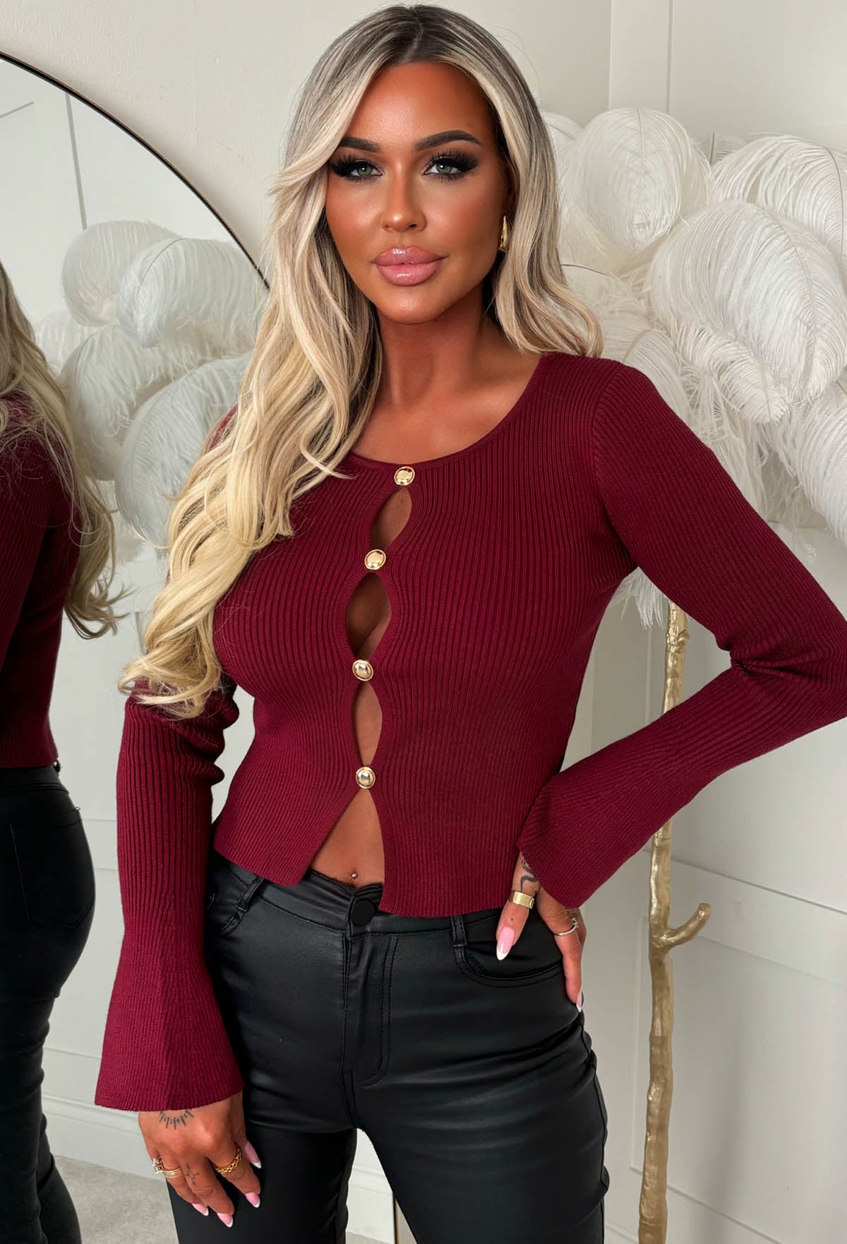 Forever Be Mine Burgundy Gold Button Flared Sleeve Cardigan