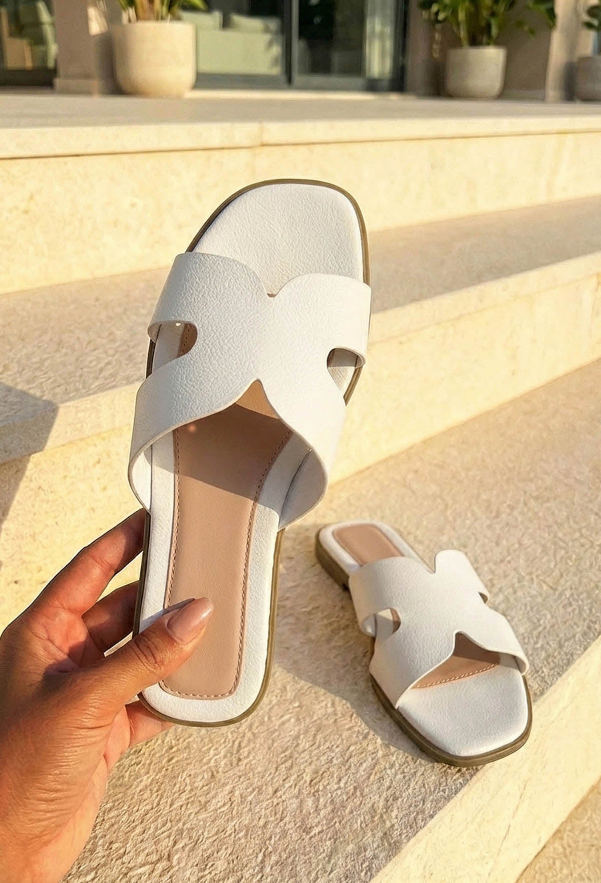 Forever You White Faux Leather Sliders
