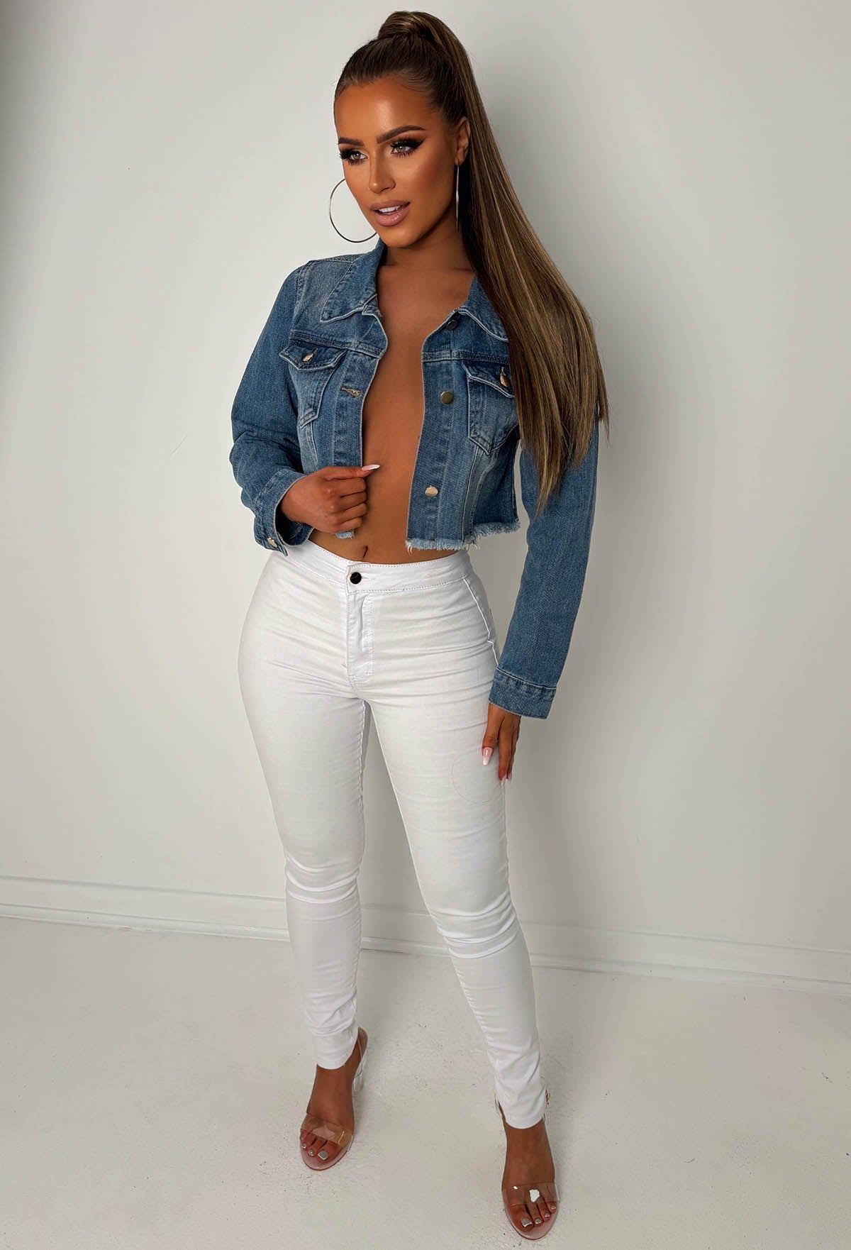 Frayed To See You Mid Blue Frayed Cropped Denim Jacket