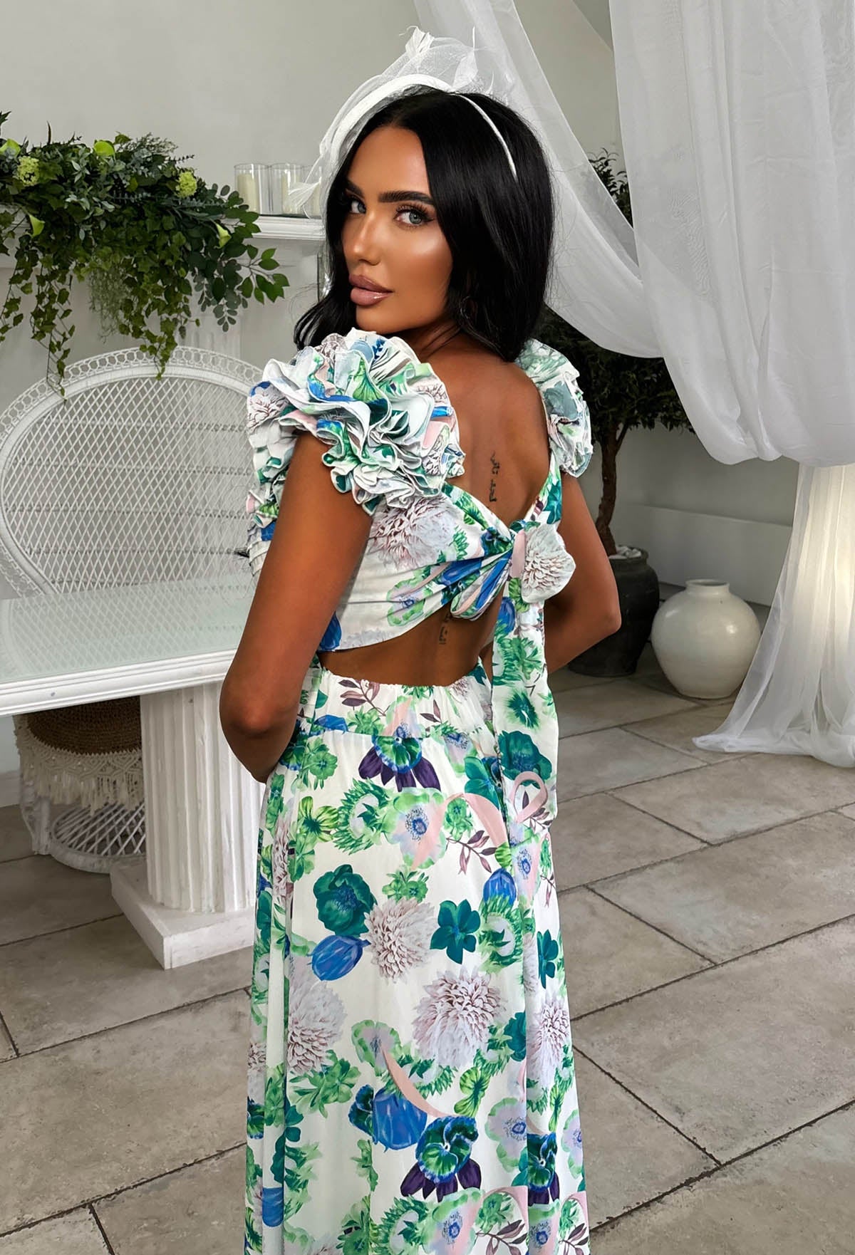 Frill Fantasy Blue Frill Shoulder Floral Maxi Dress