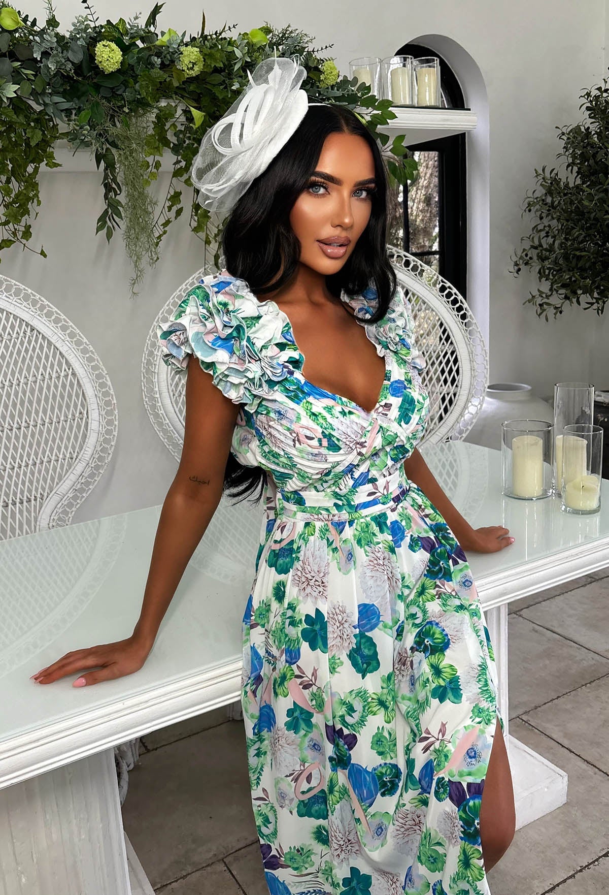 Frill Fantasy Blue Frill Shoulder Floral Maxi Dress