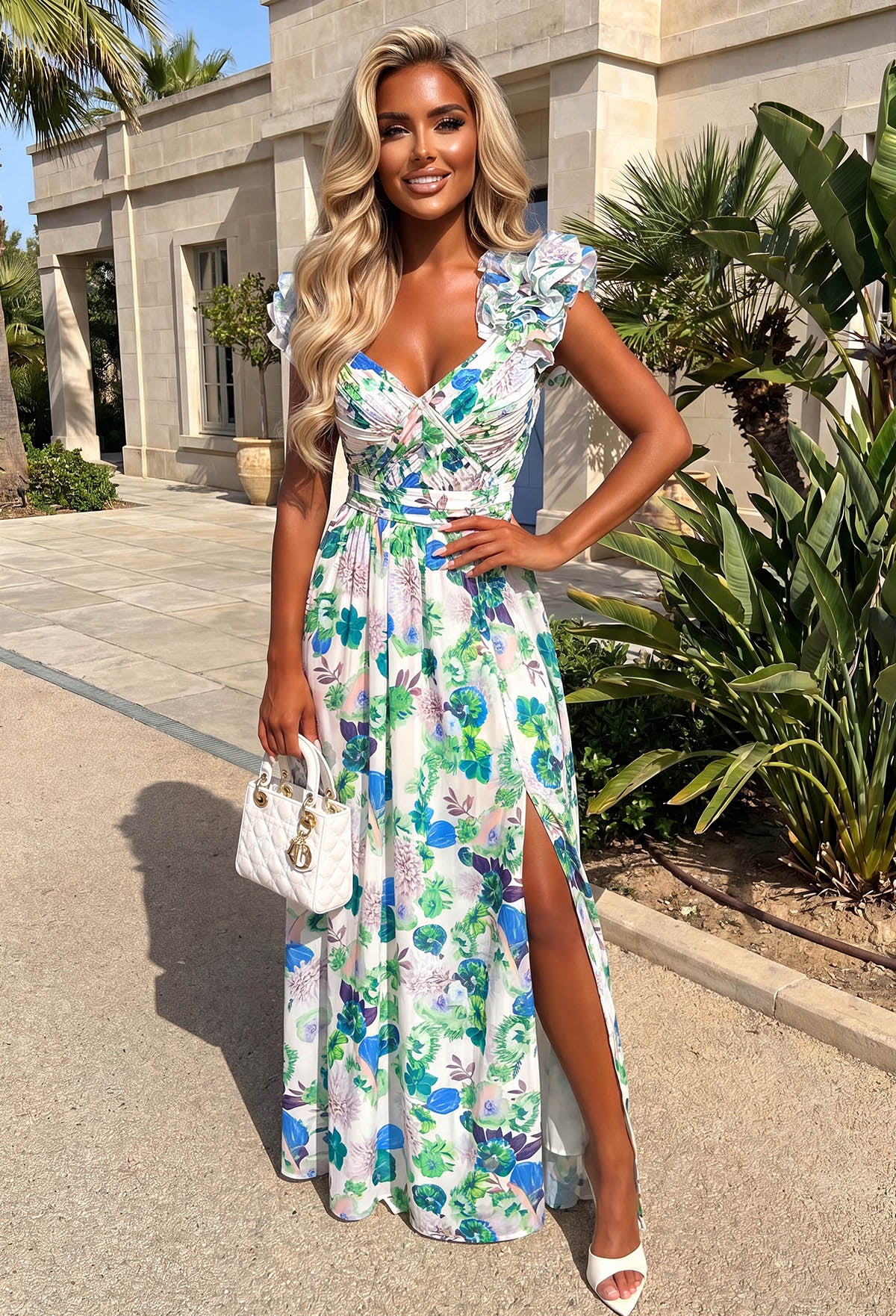 Blue Frill Shoulder Floral Maxi Dress Wedding Guest