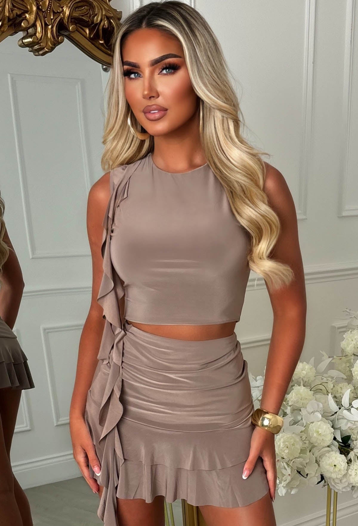 Frilling Beauty Mocha Frill Detail Slinky Mini Skirt Co-ord Set