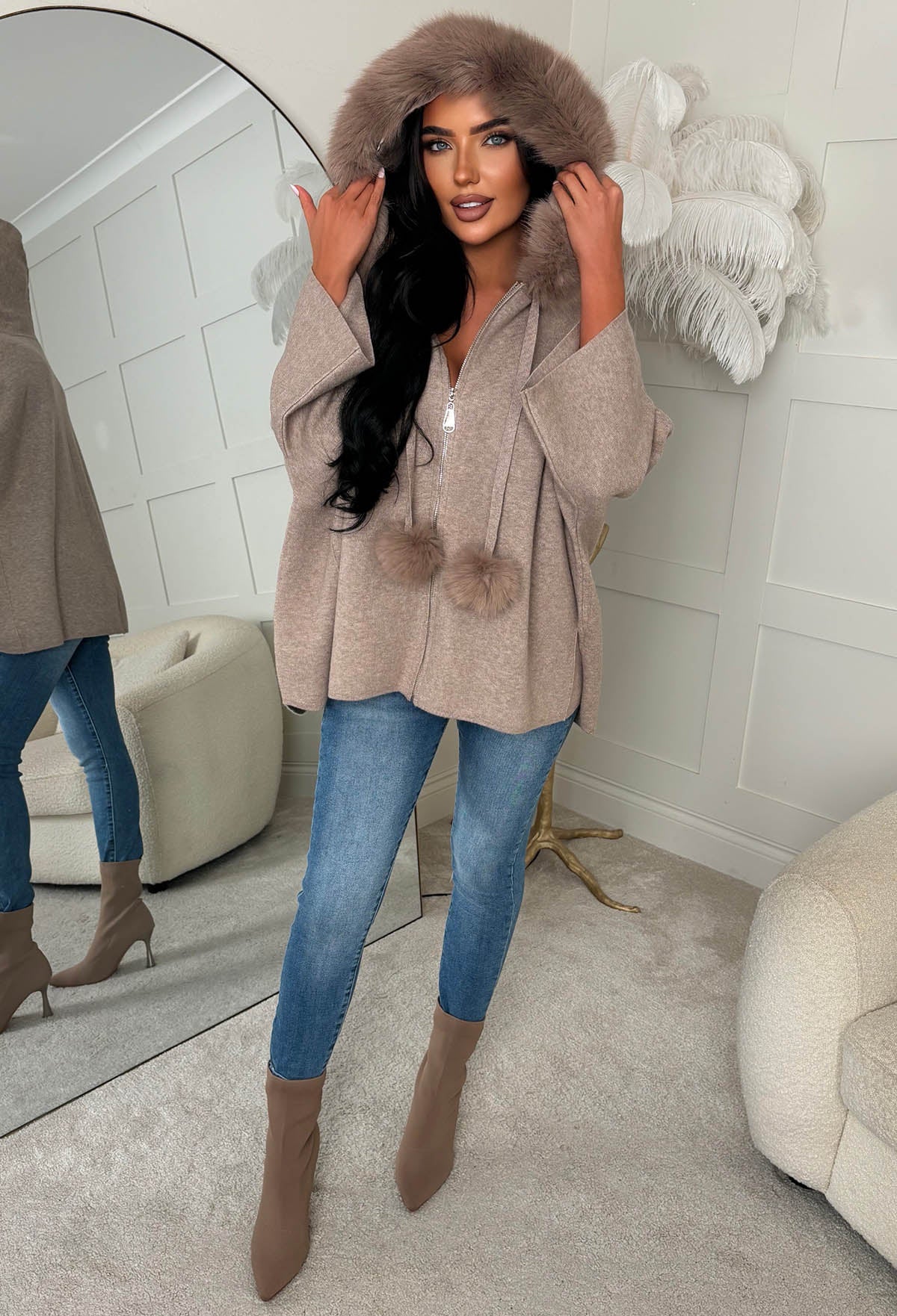 Furry Fantasy Taupe Batwing Pom Pom Detail Knitted Cardigan