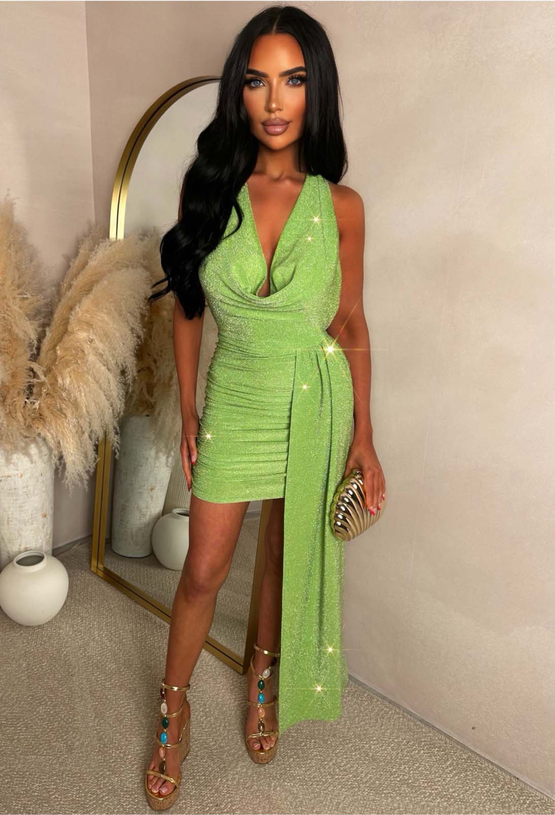 Genesis Lime Lurex Drape Mini Dress