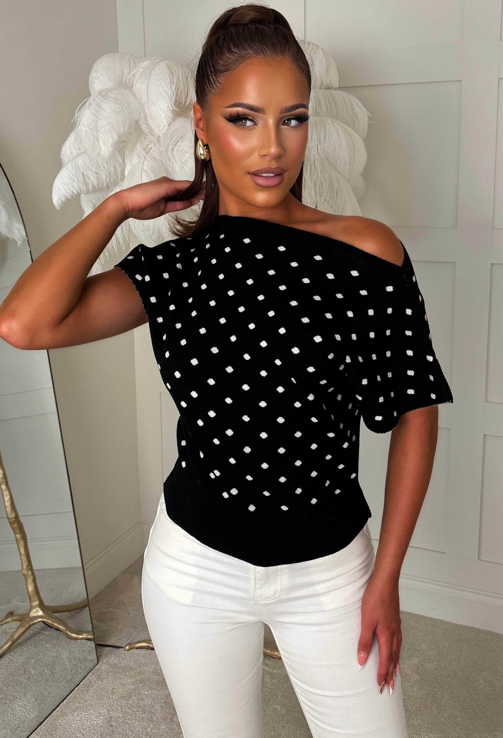 Georgia Black Short Sleeve Off The Shoulder Polka Dot Knit Top