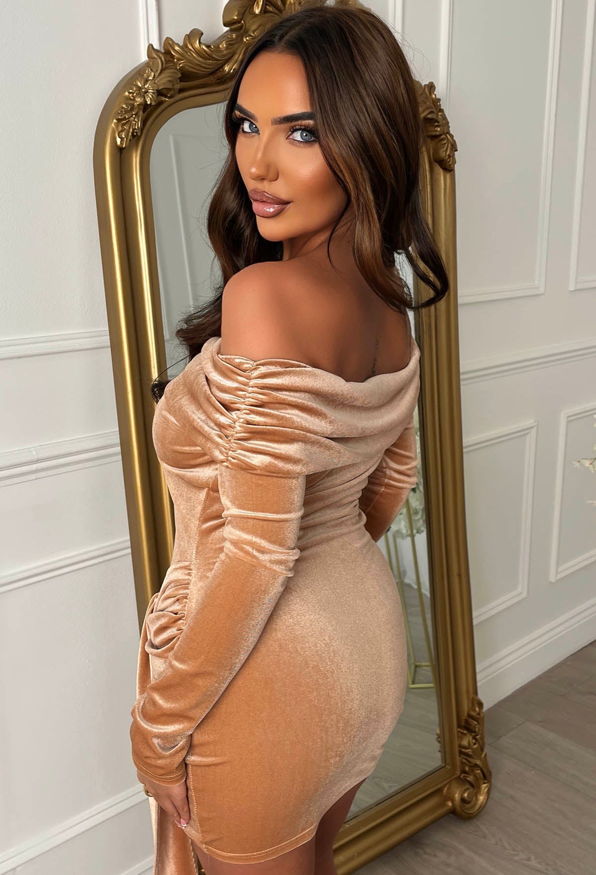 Ginny Rose Gold Velvet Tie Front Off The Shoulder Mini Dress